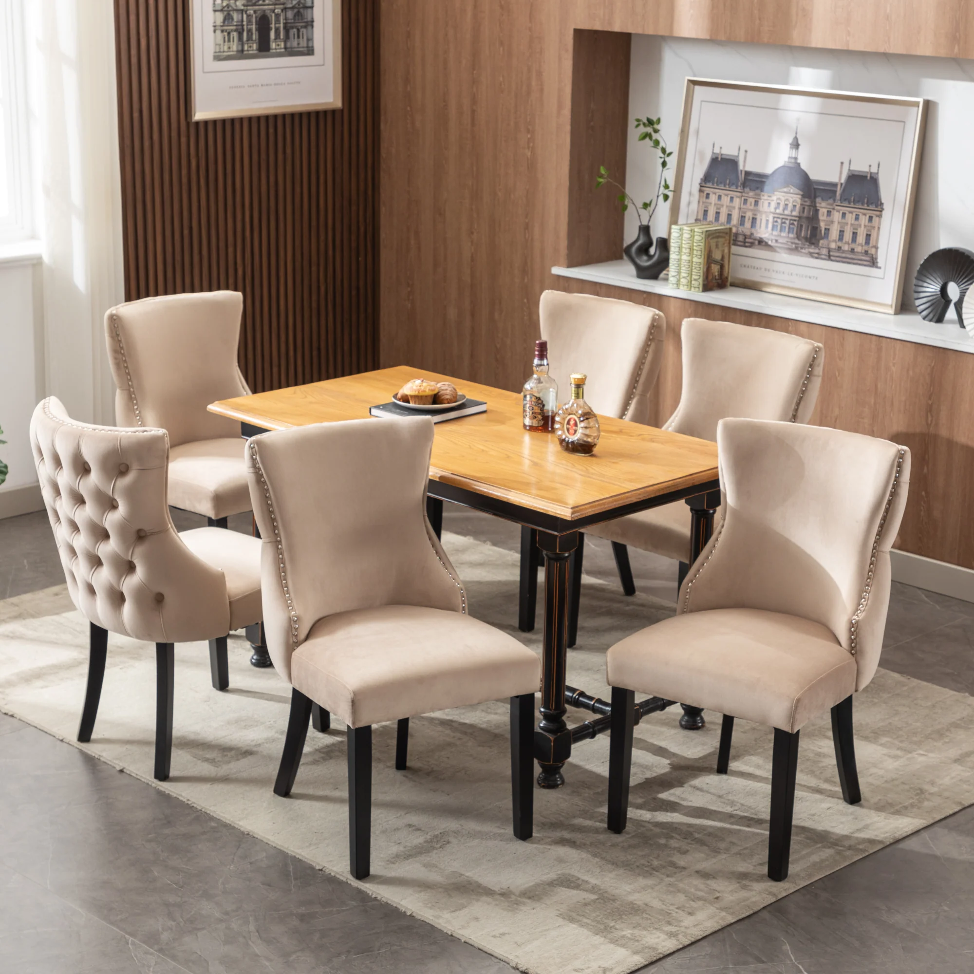 Dining Chair - Button Tufting, Solid Wood Frame - Beige Velvet (Set of 6) - Image 3