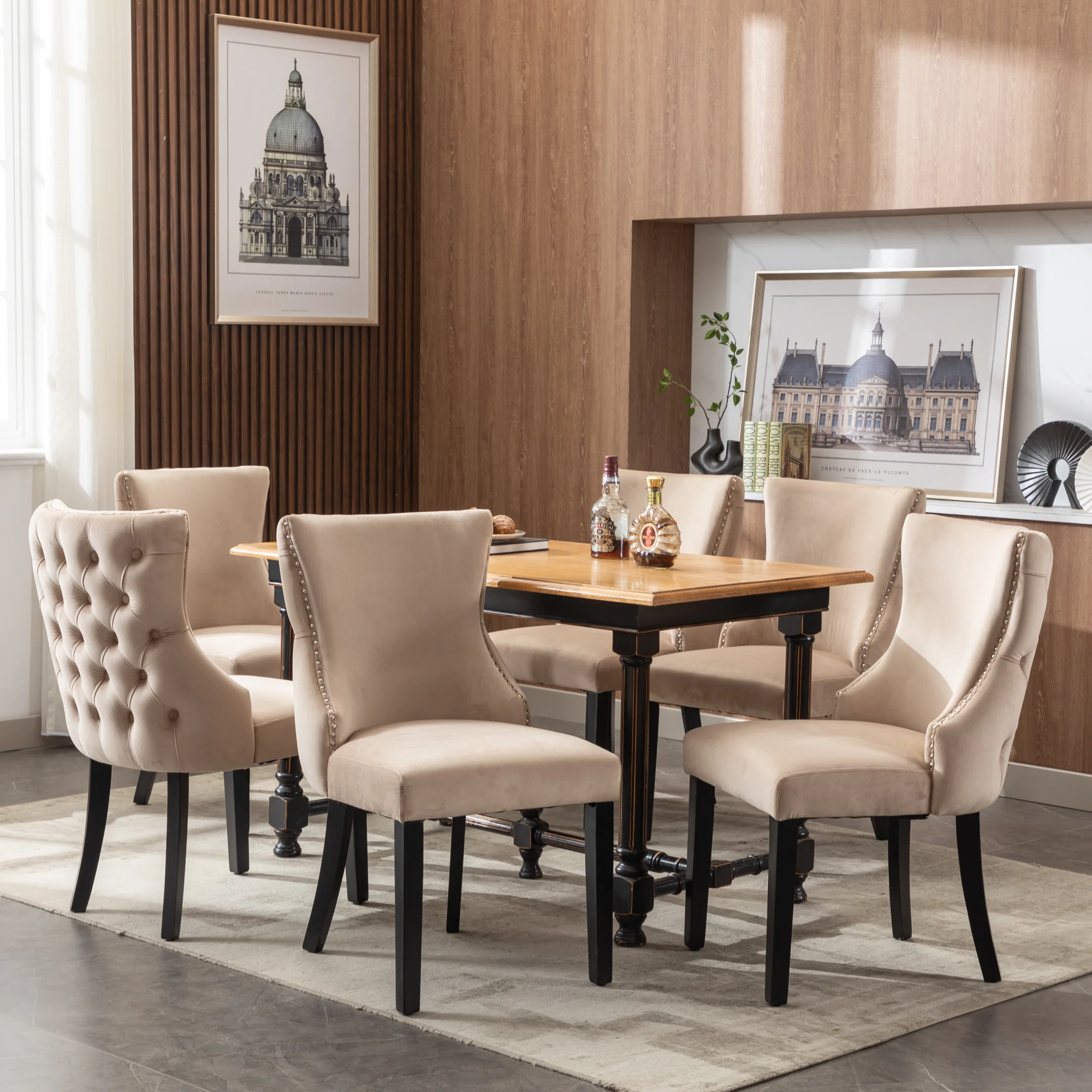 Dining Chair - Button Tufting, Solid Wood Frame - Beige Velvet (Set of 6) - Image 4