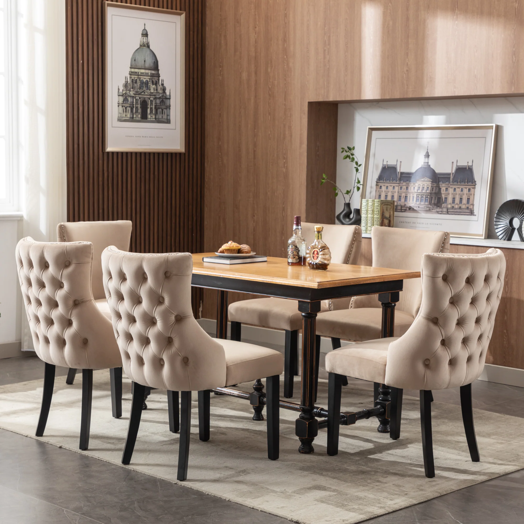 Dining Chair - Button Tufting, Solid Wood Frame - Beige Velvet (Set of 6) - Image 5