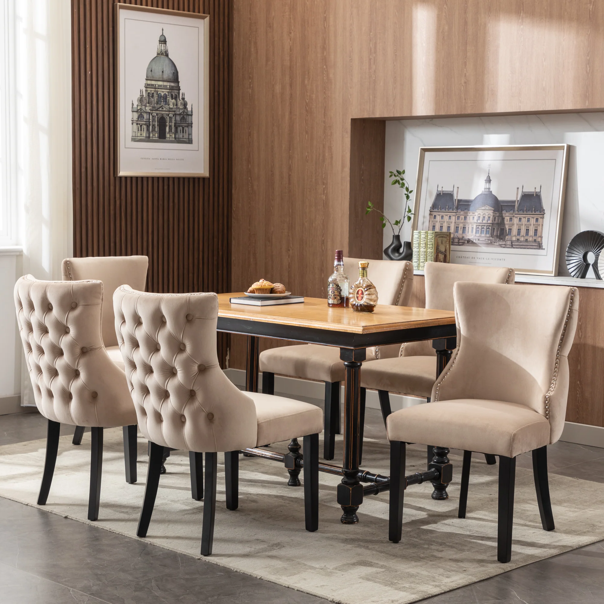 Dining Chair - Button Tufting, Solid Wood Frame - Beige Velvet (Set of 6) - Image 6