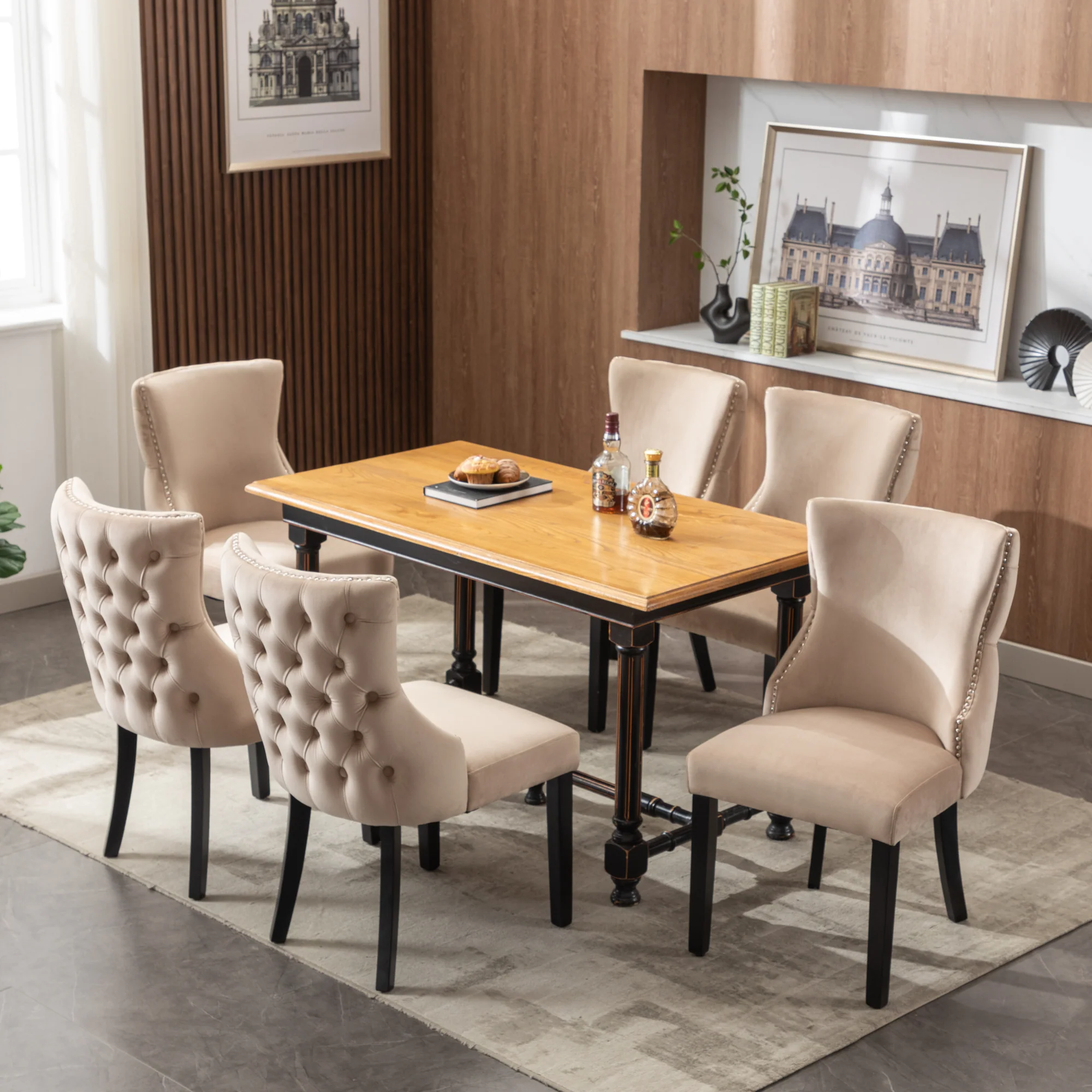 Dining Chair - Button Tufting, Solid Wood Frame - Beige Velvet (Set of 6) - Image 7