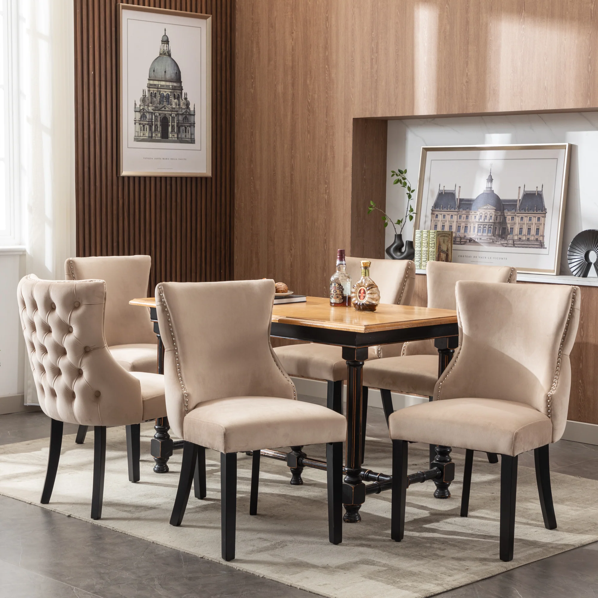 Dining Chair - Button Tufting, Solid Wood Frame - Beige Velvet (Set of 6) - Image 8