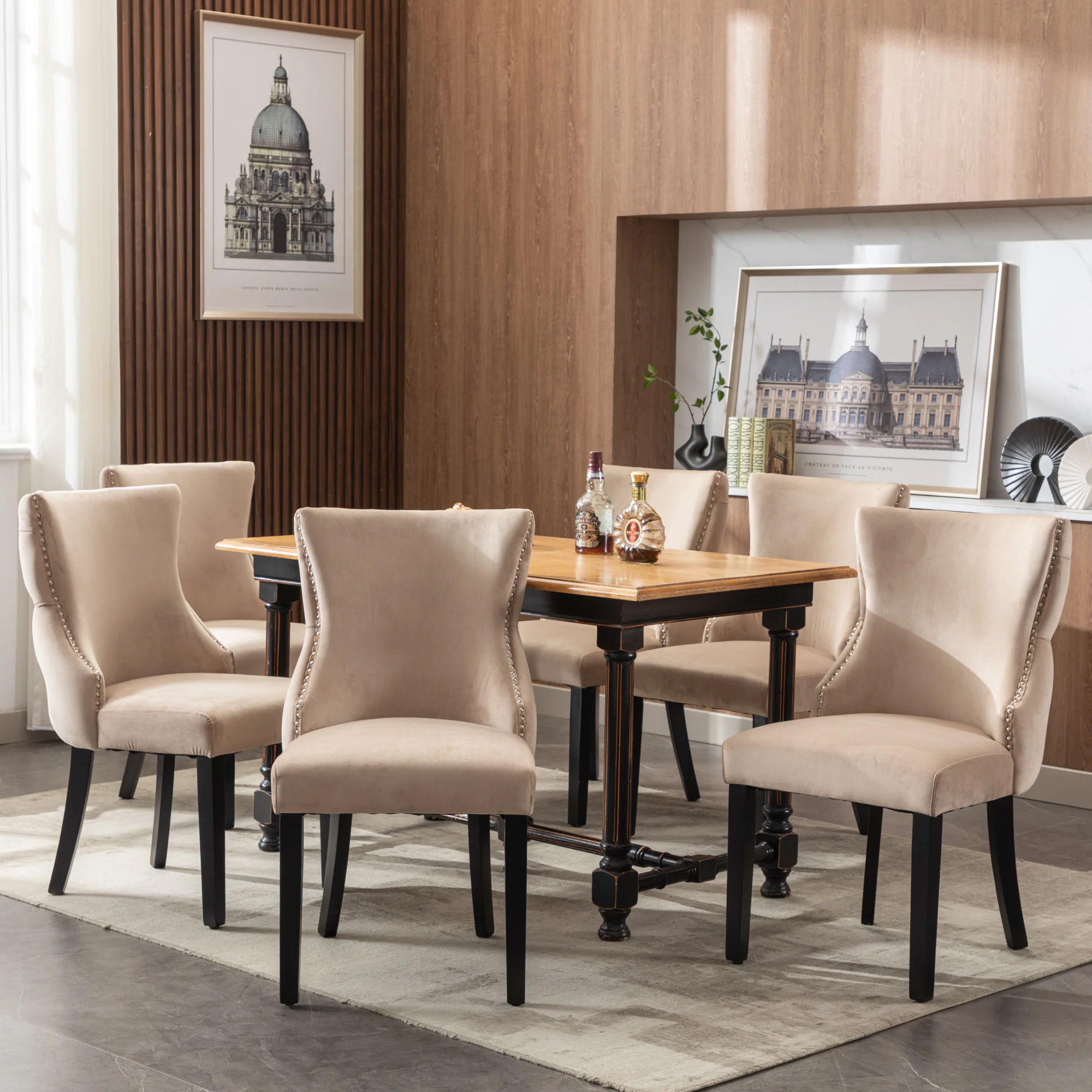 Dining Chair - Button Tufting, Solid Wood Frame - Beige Velvet (Set of 6) - Image 9