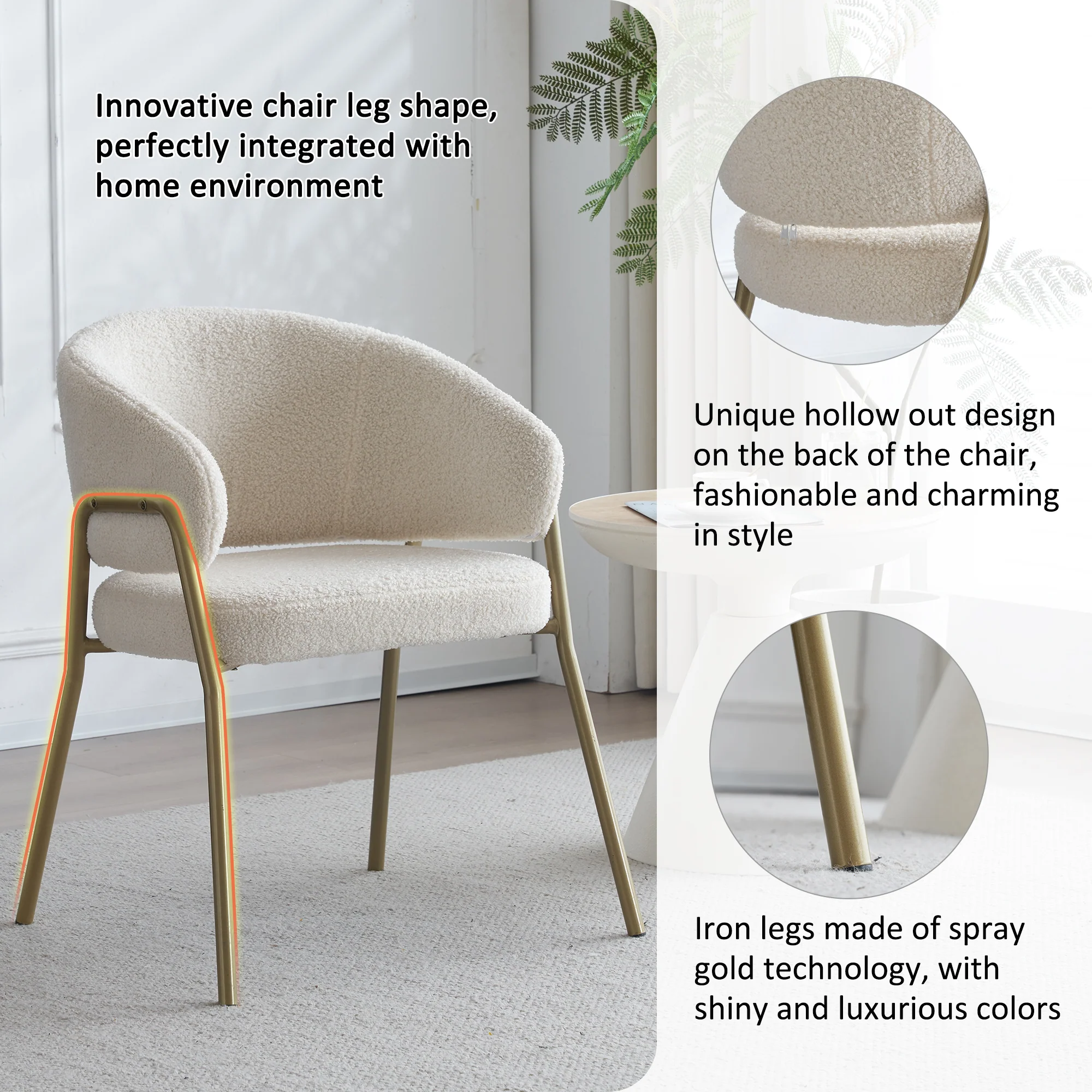 Dining Chair Modern Lambskin Velvet Golden Legs (1 pc) White/Gold - Image 10