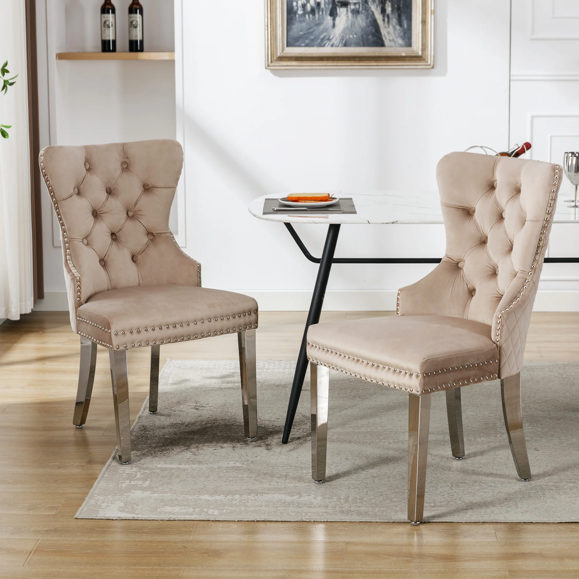 Dining Chair Set 2 Upholstered Door Knocker Back Beige Velvet - Image 2