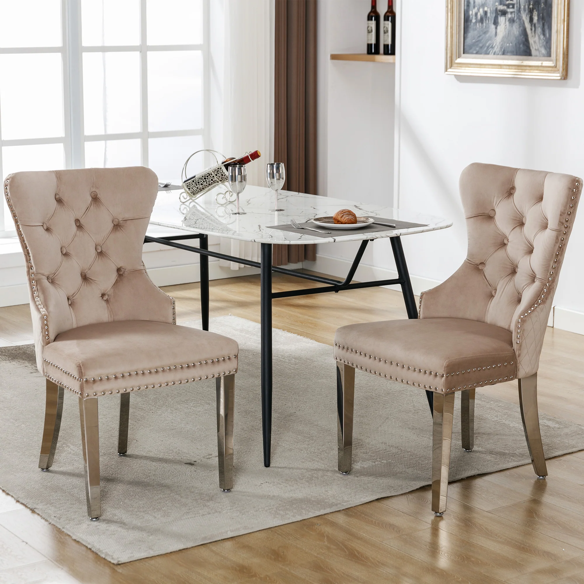 Dining Chair Set 2 Upholstered Door Knocker Back Beige Velvet - Image 3