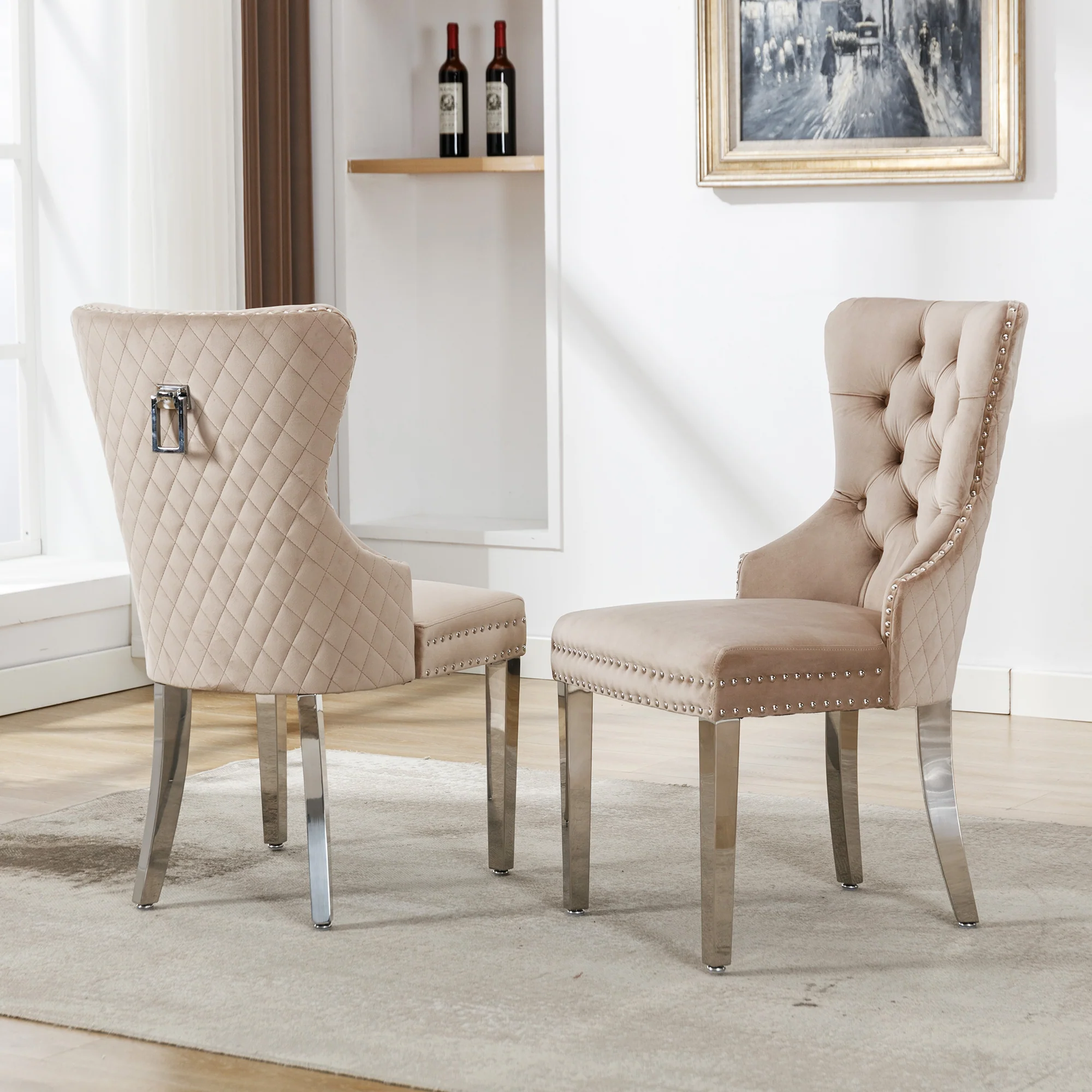 Dining Chair Set 2 Upholstered Door Knocker Back Beige Velvet - Image 4
