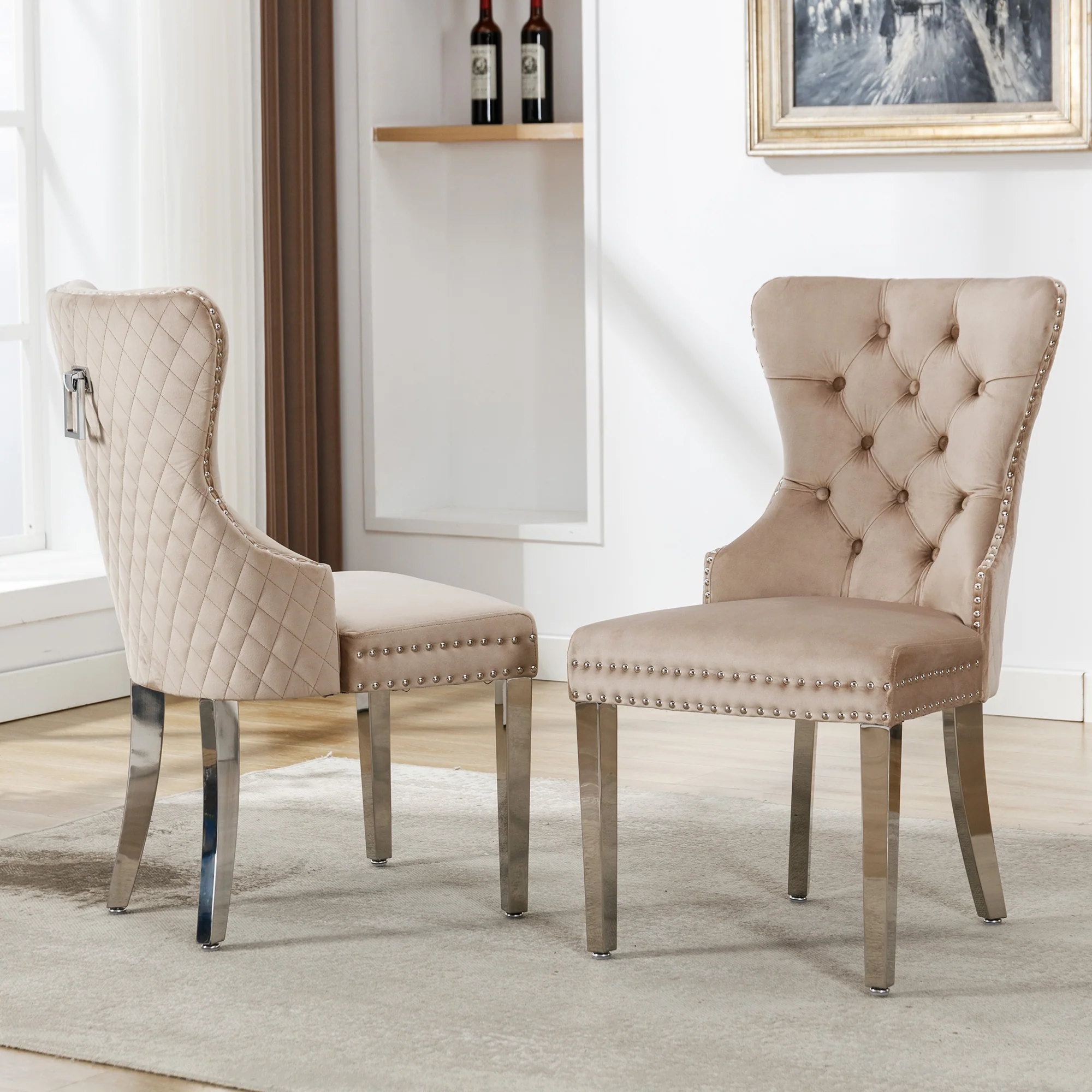 Dining Chair Set 2 Upholstered Door Knocker Back Beige Velvet - Image 5