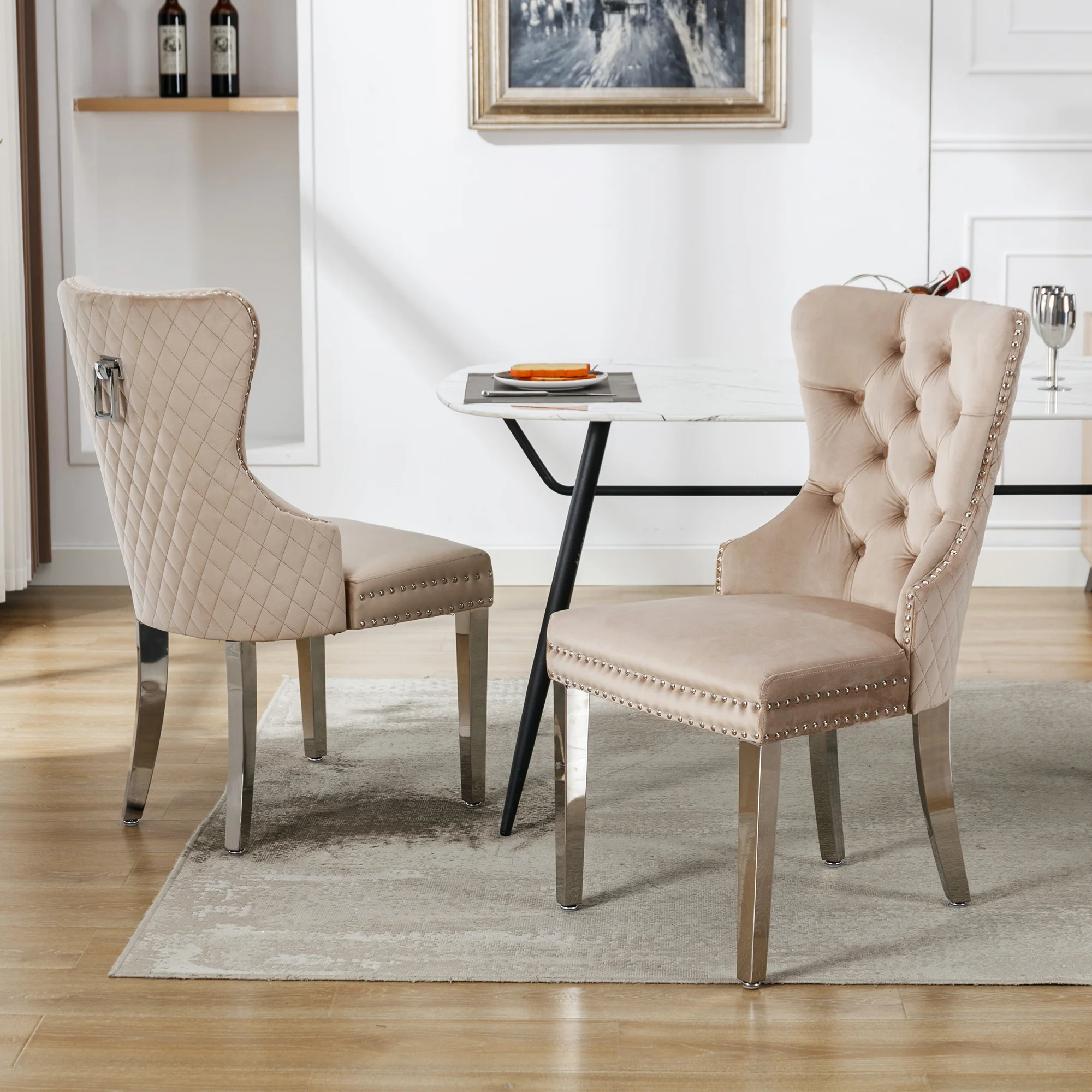 Dining Chair Set 2 Upholstered Door Knocker Back Beige Velvet - Image 6