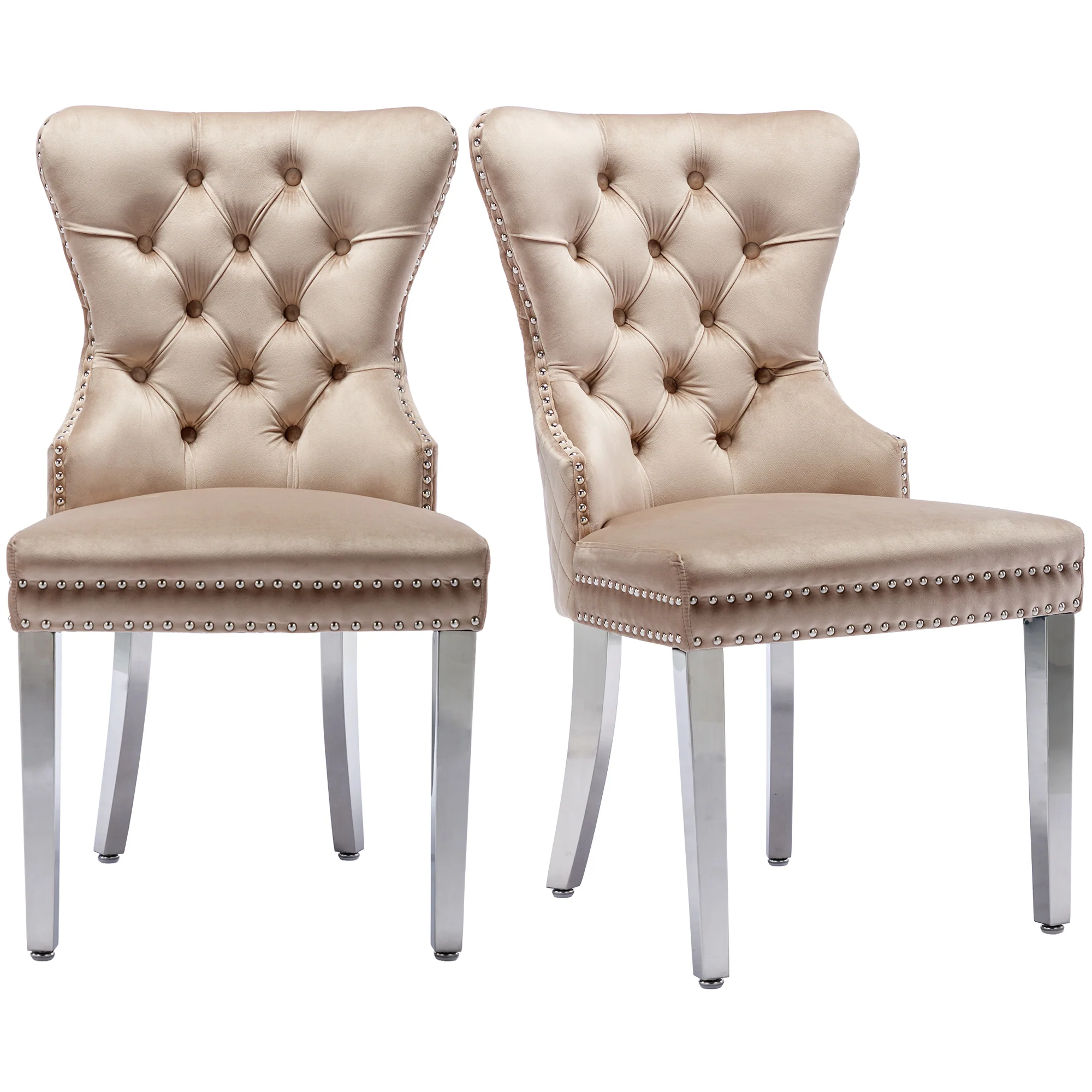 Dining Chair Set 2 Upholstered Door Knocker Back Beige Velvet - Image 7