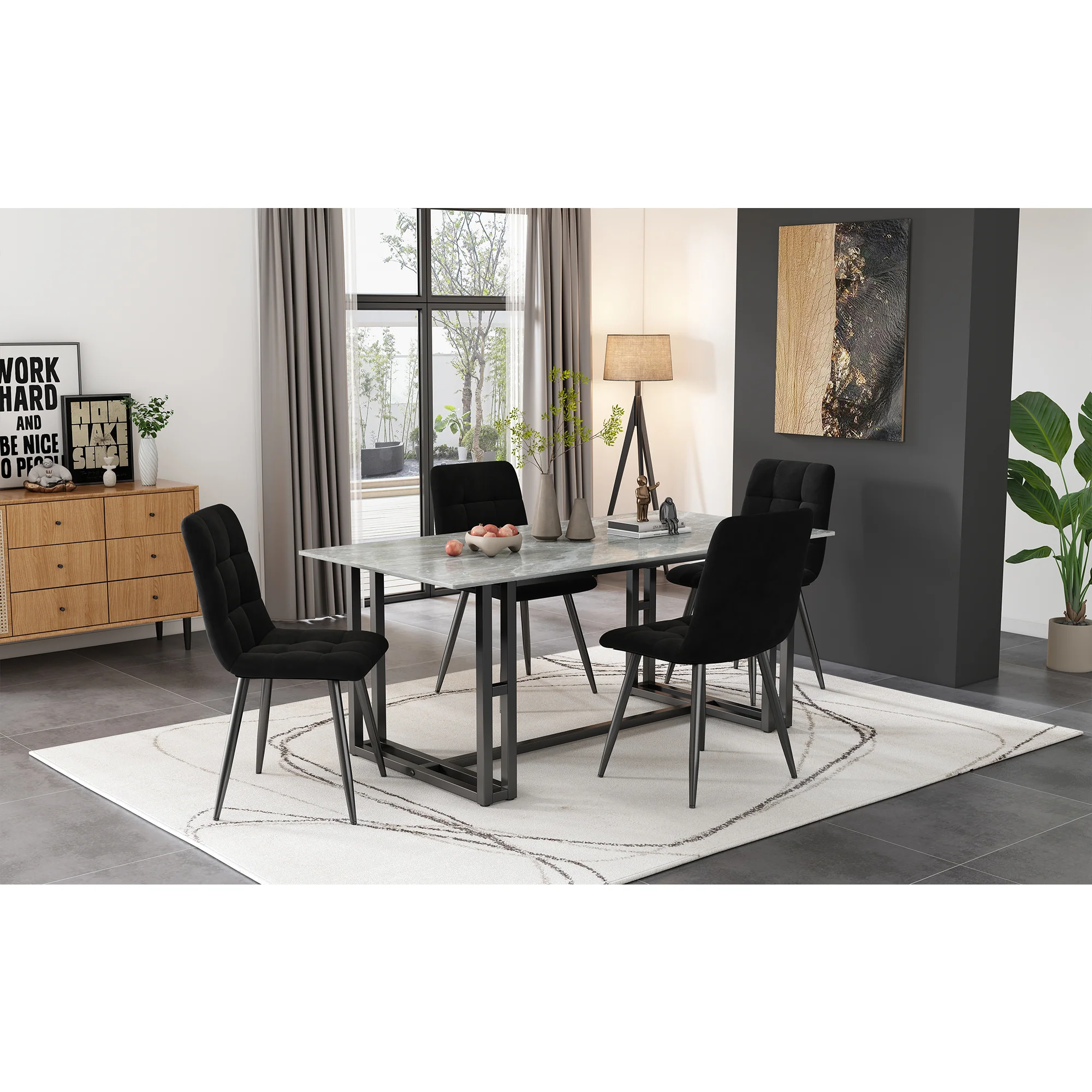 Dining Chair Set (4 pcs) Upholstered Designer Velvet Seat Metal Frame Black - Image 3