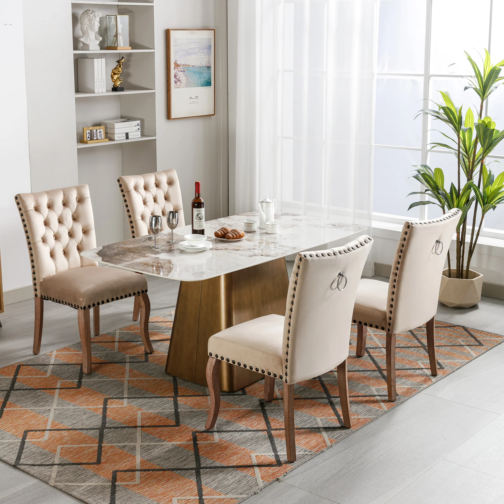 Dining Chair Set (4 Pcs) Upholstered Door Knocker Back Nailhead Trim, Light Camel Velvet - Image 2