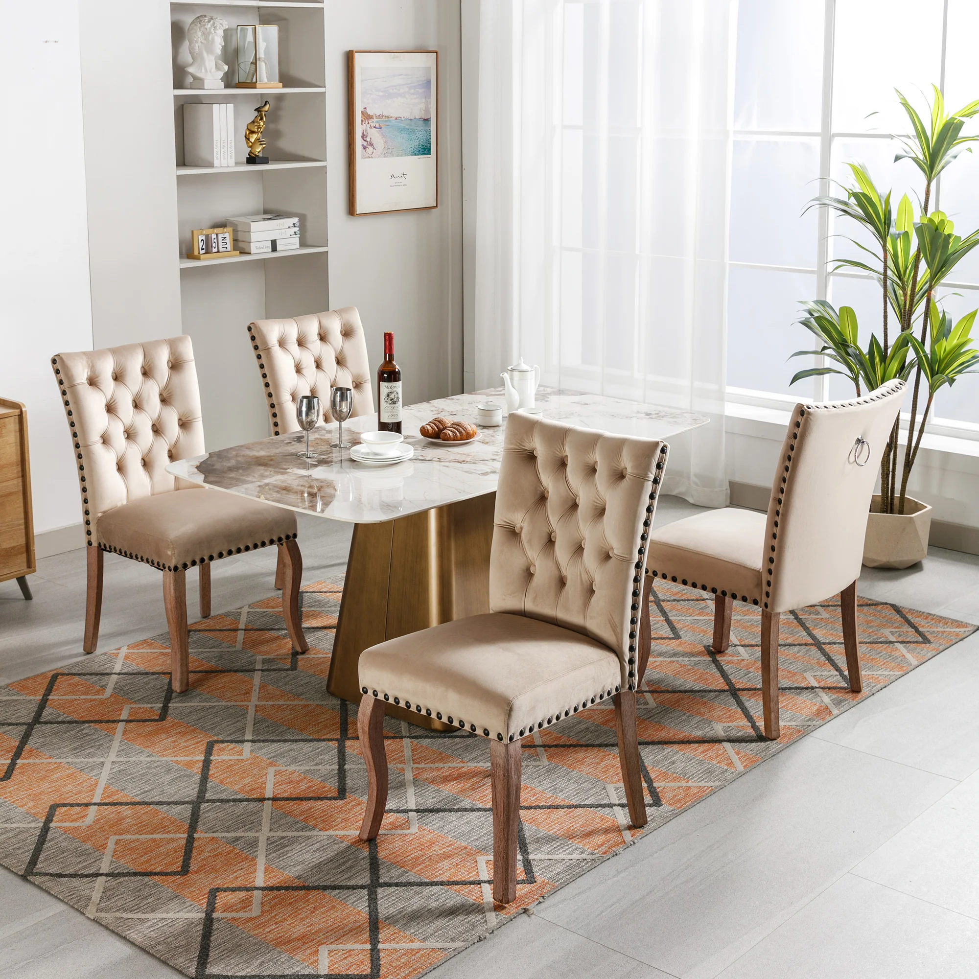 Dining Chair Set (4 Pcs) Upholstered Door Knocker Back Nailhead Trim, Light Camel Velvet - Image 3