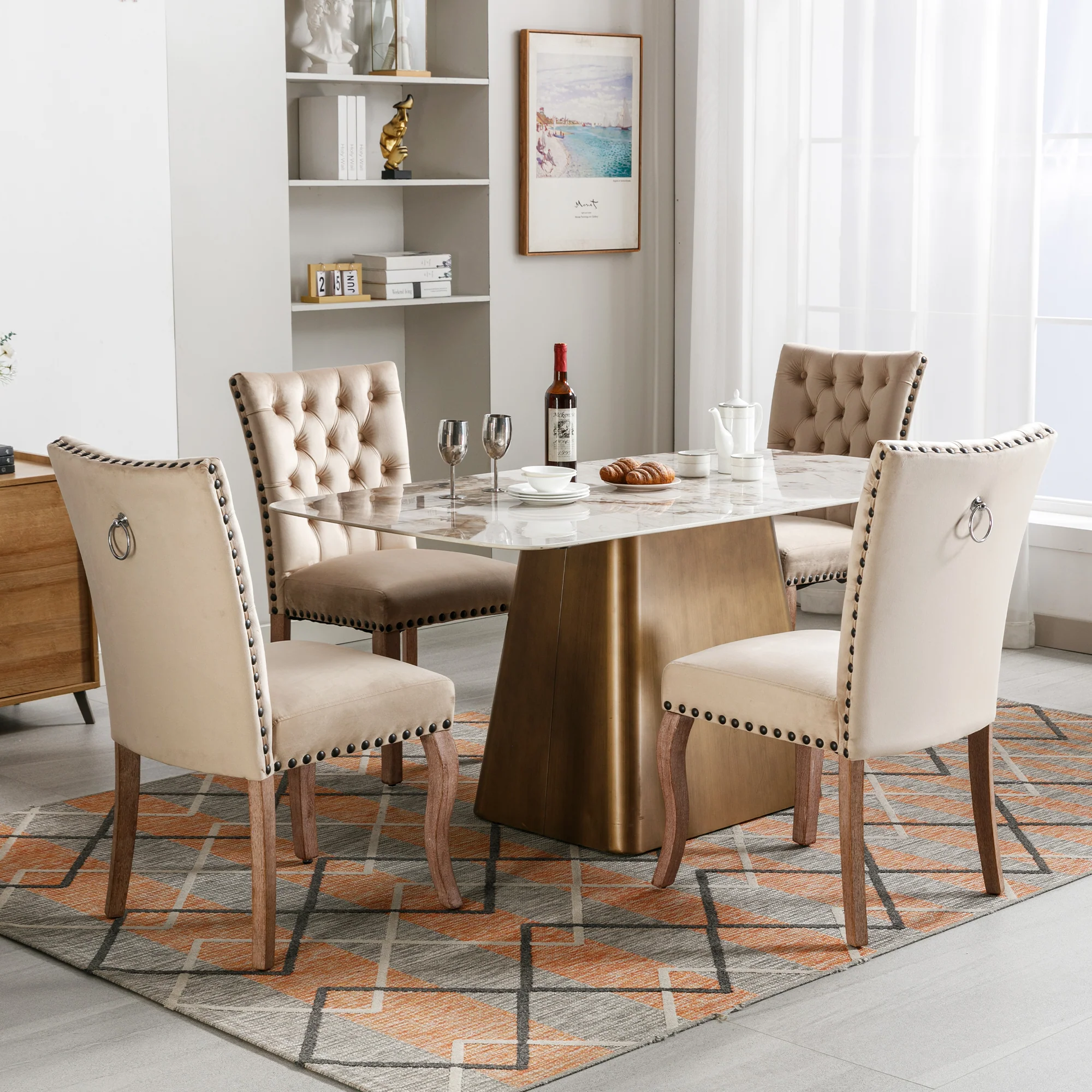Dining Chair Set (4 Pcs) Upholstered Door Knocker Back Nailhead Trim, Light Camel Velvet - Image 4