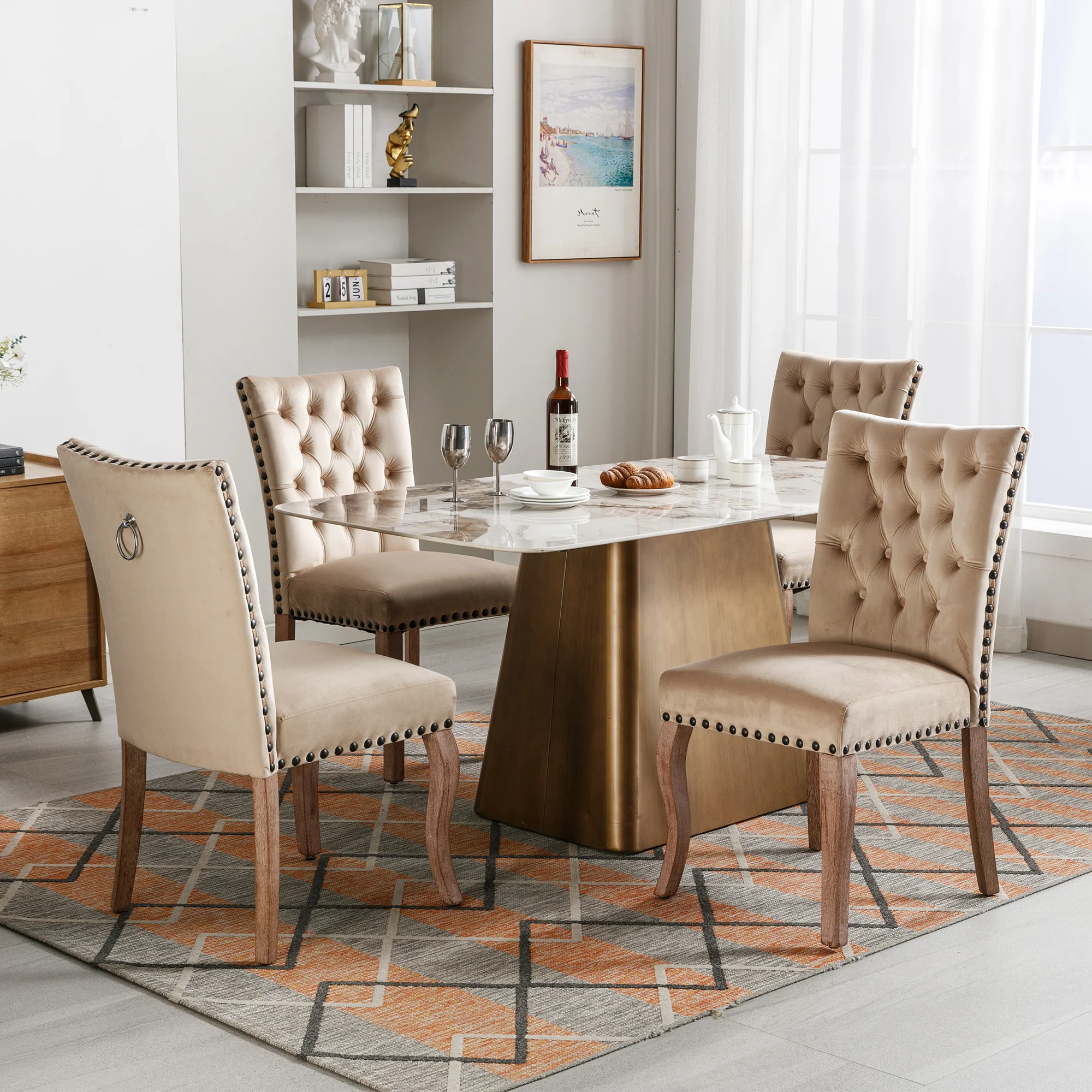 Dining Chair Set (4 Pcs) Upholstered Door Knocker Back Nailhead Trim, Light Camel Velvet - Image 5