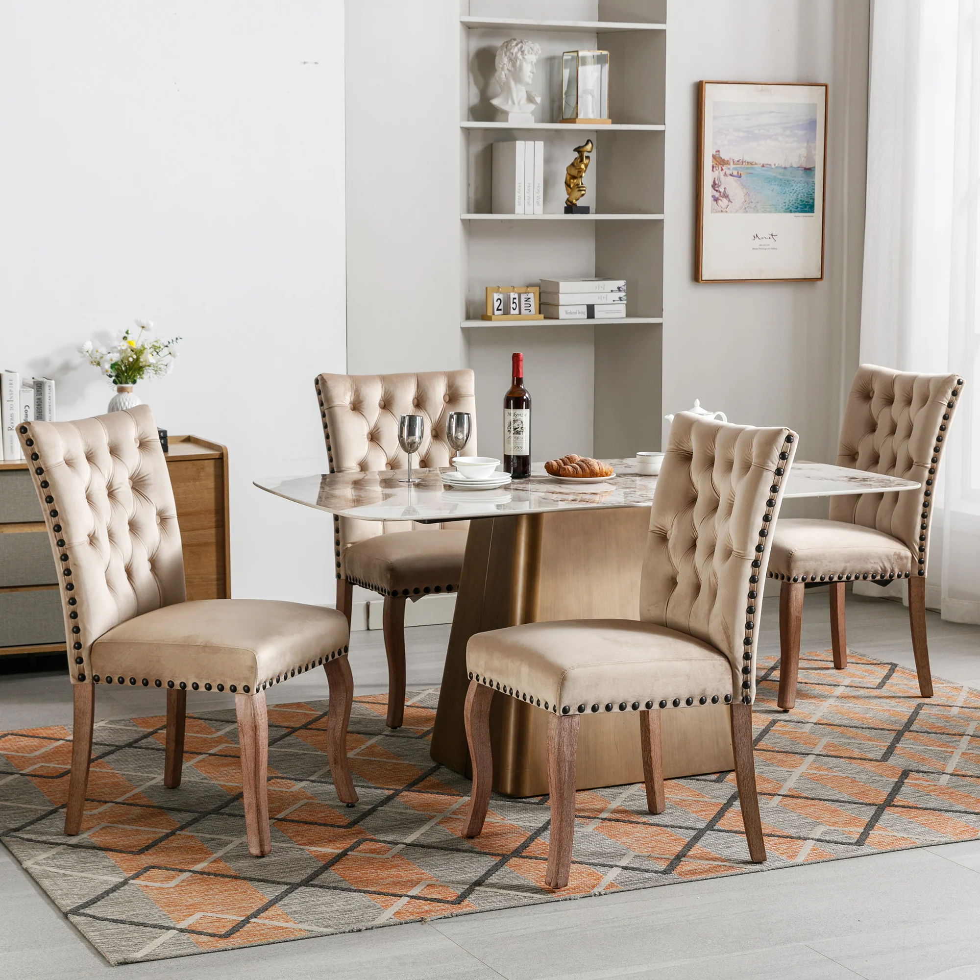 Dining Chair Set (4 Pcs) Upholstered Door Knocker Back Nailhead Trim, Light Camel Velvet - Image 6