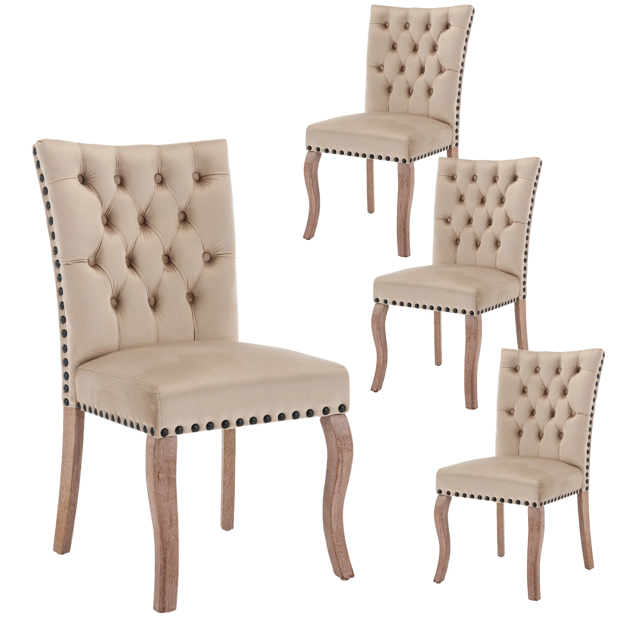 Dining Chair Set (4 Pcs) Upholstered Door Knocker Back Nailhead Trim, Light Camel Velvet - Image 8
