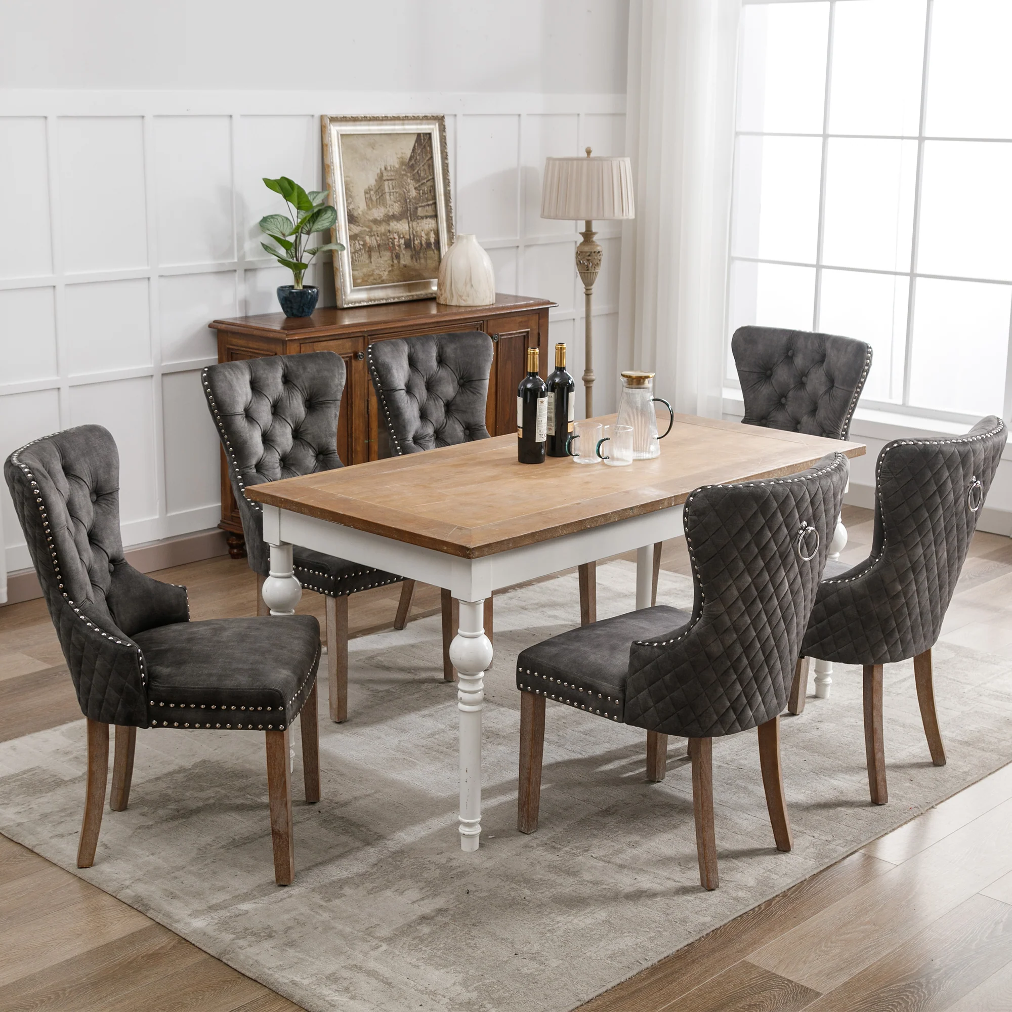 Dining Chair Set 6 Pieces Upholstered Nailhead Trim Door Knocker Back Solid Wood Grey Velvet