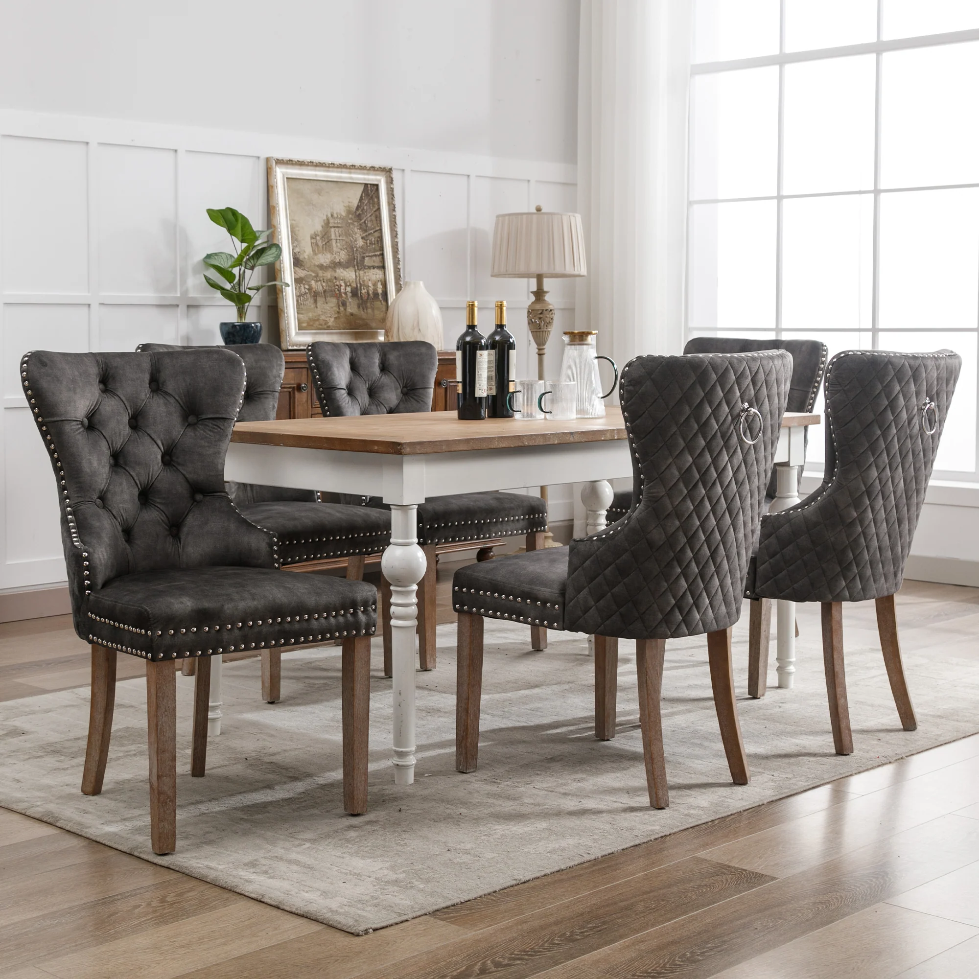 Dining Chair Set 6 Pieces Upholstered Nailhead Trim Door Knocker Back Solid Wood Grey Velvet - Image 2