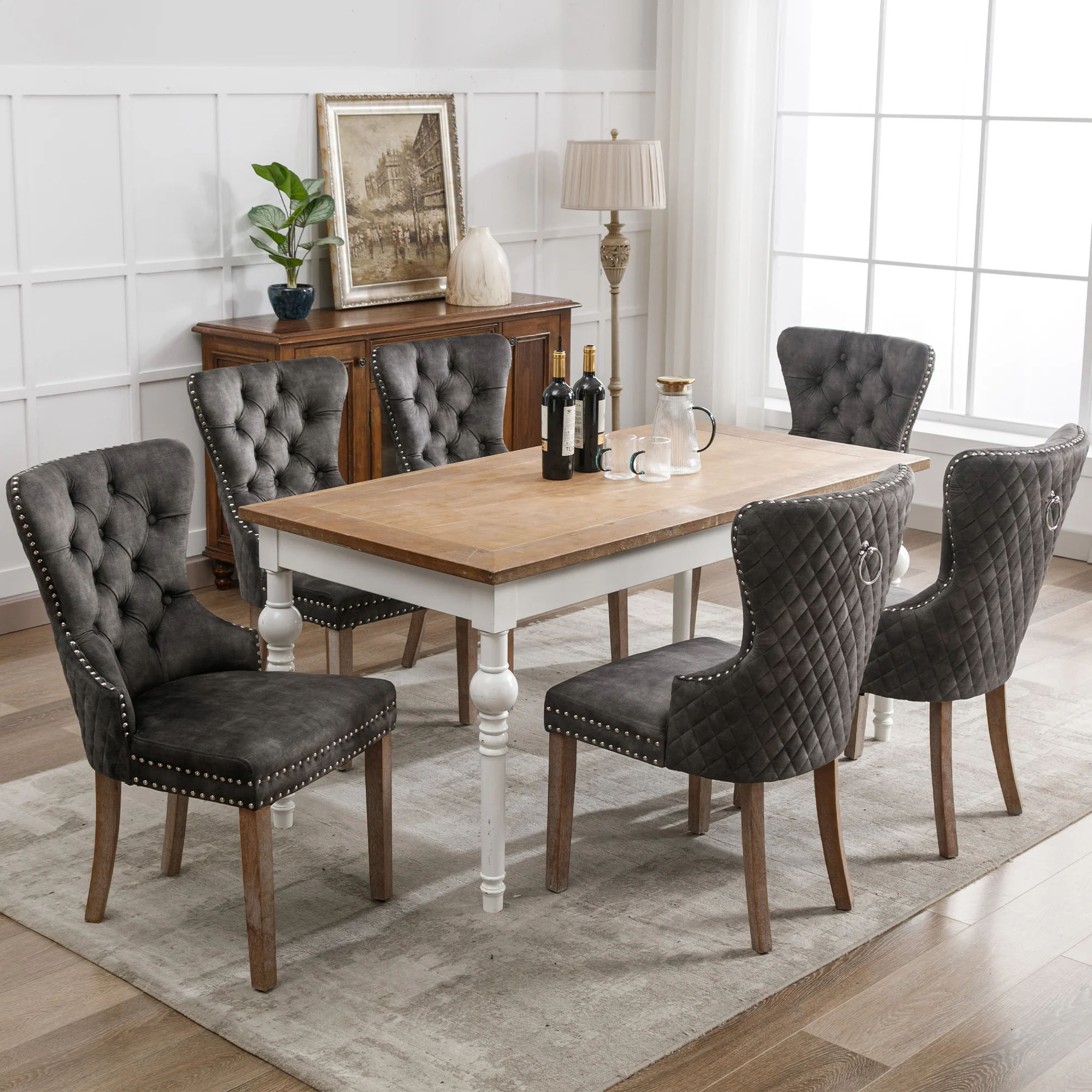 Dining Chair Set 6 Pieces Upholstered Nailhead Trim Door Knocker Back Solid Wood Grey Velvet - Image 3