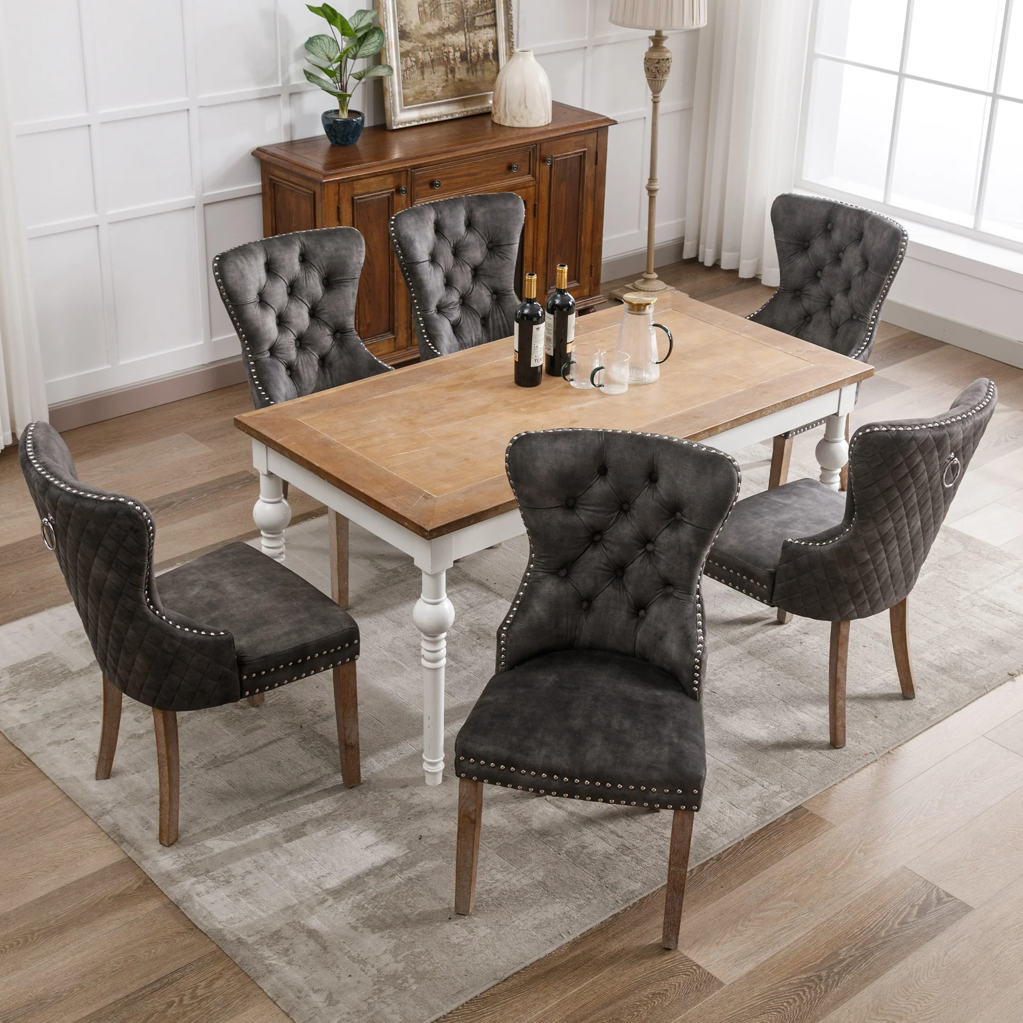 Dining Chair Set 6 Pieces Upholstered Nailhead Trim Door Knocker Back Solid Wood Grey Velvet - Image 4