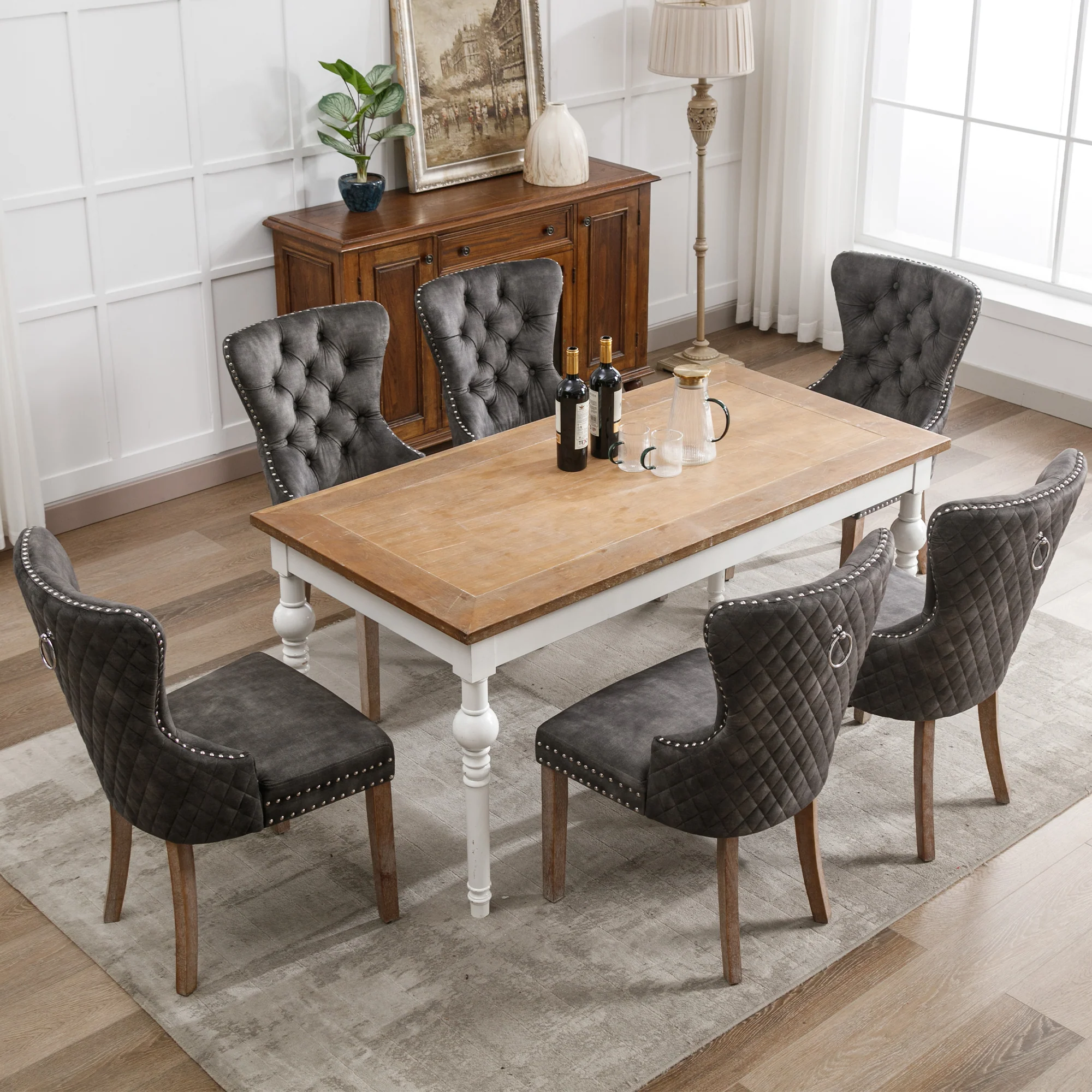 Dining Chair Set 6 Pieces Upholstered Nailhead Trim Door Knocker Back Solid Wood Grey Velvet - Image 5