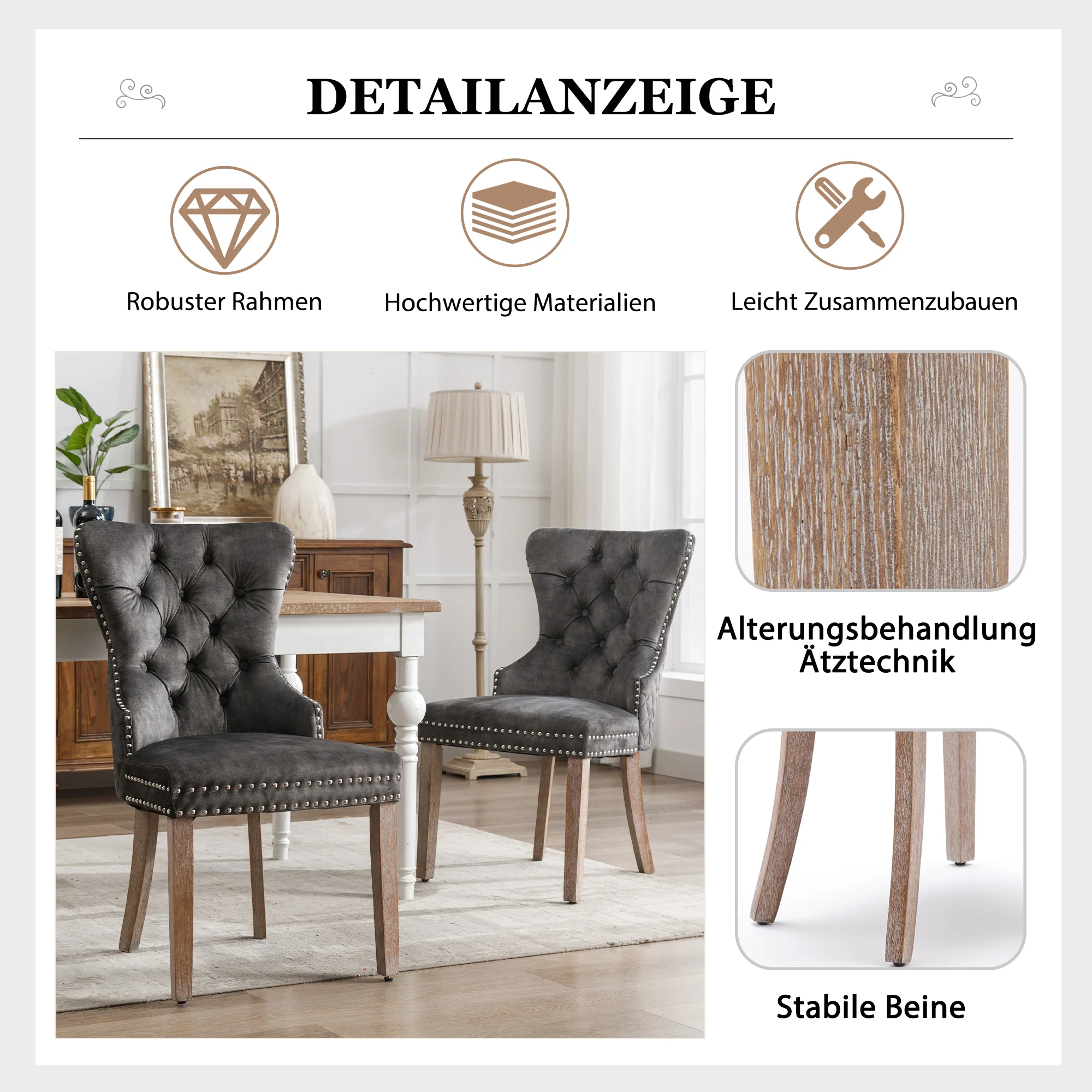 Dining Chair Set 6 Pieces Upholstered Nailhead Trim Door Knocker Back Solid Wood Grey Velvet - Image 7