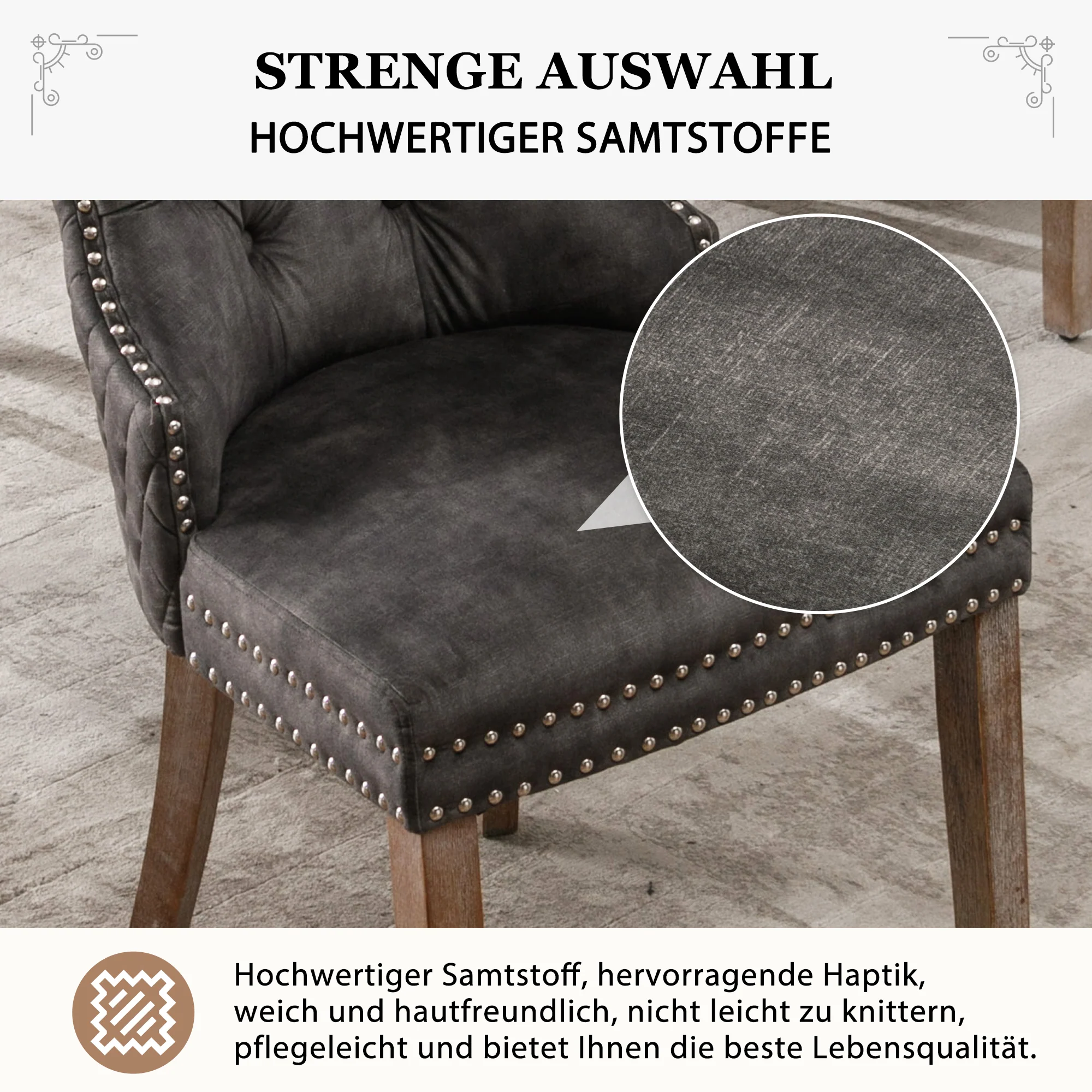 Dining Chair Set 6 Pieces Upholstered Nailhead Trim Door Knocker Back Solid Wood Grey Velvet - Image 9