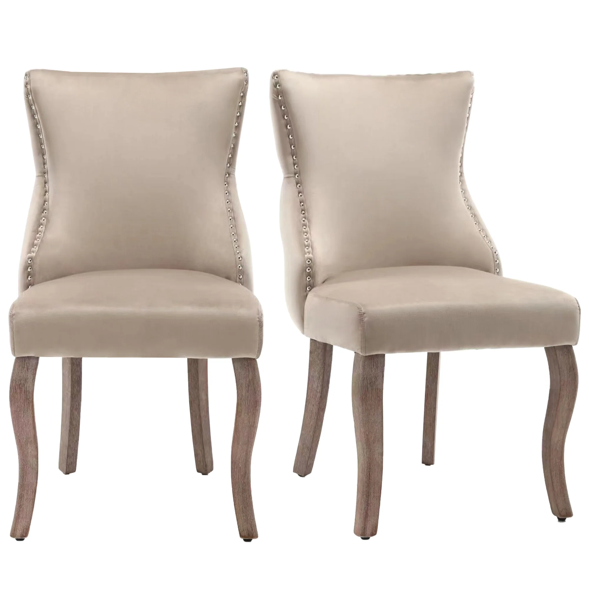Dining Chair Set of 2 Button Tufted Nailhead Trim Curved Solid Wood Legs, Beige Velvet - Image 4