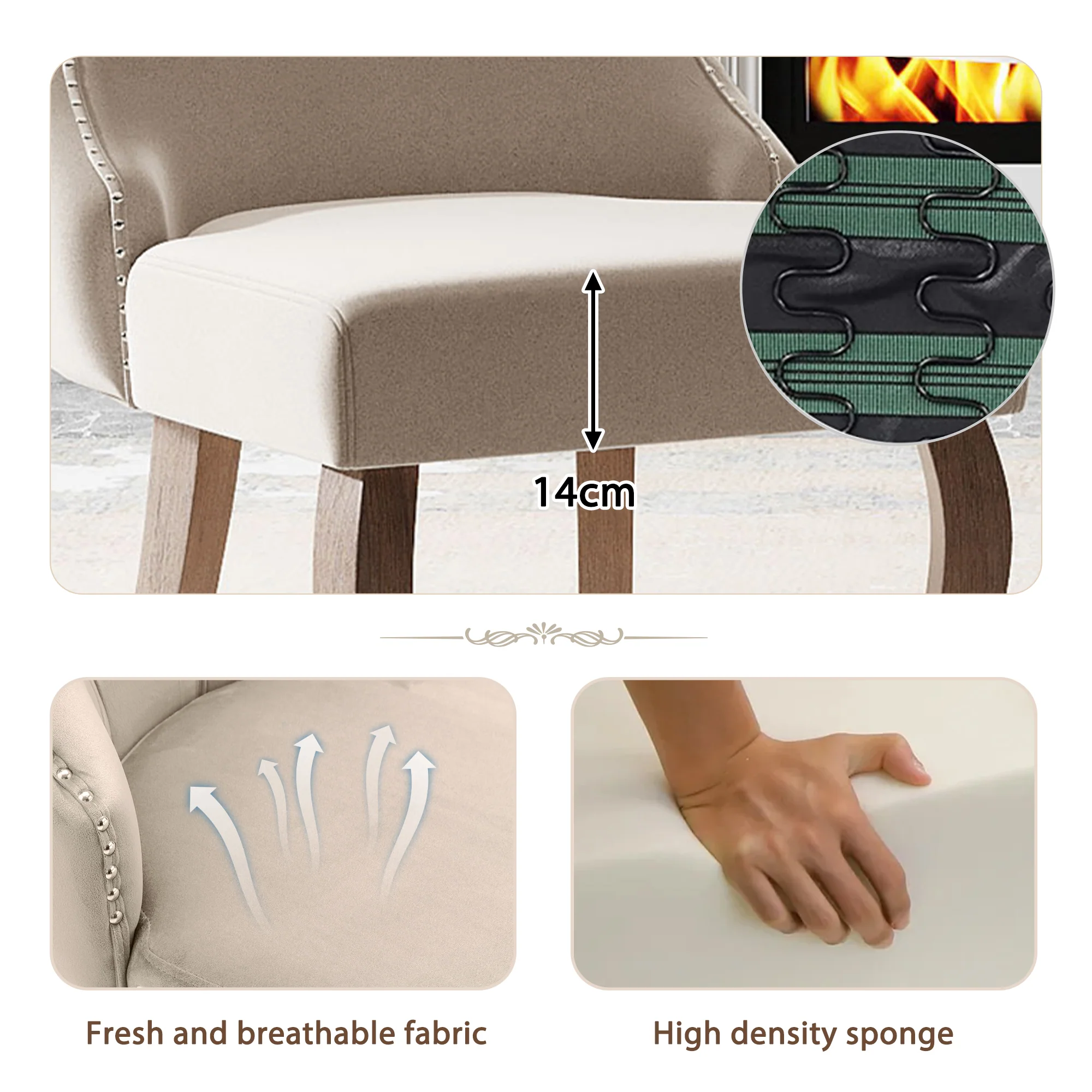 Dining Chair Set of 2 Button Tufted Nailhead Trim Curved Solid Wood Legs, Beige Velvet - Image 9