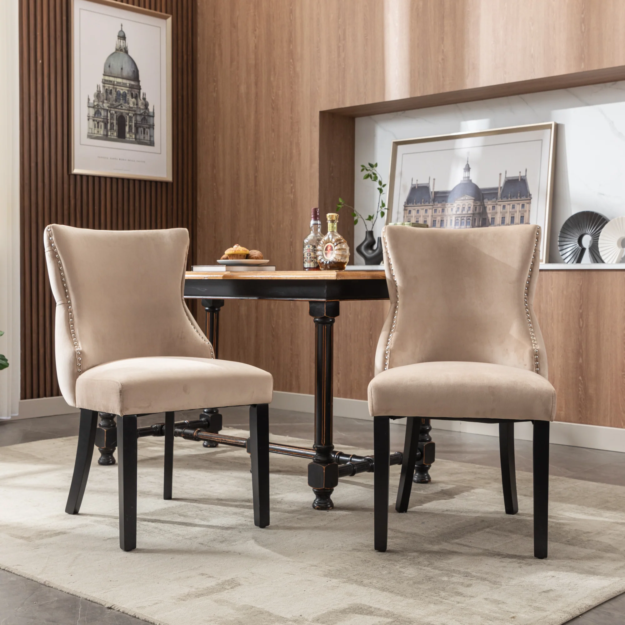 Dining Chair Set of 2 Button Tufting Solid Wood Frame Beige Velvet - Image 2