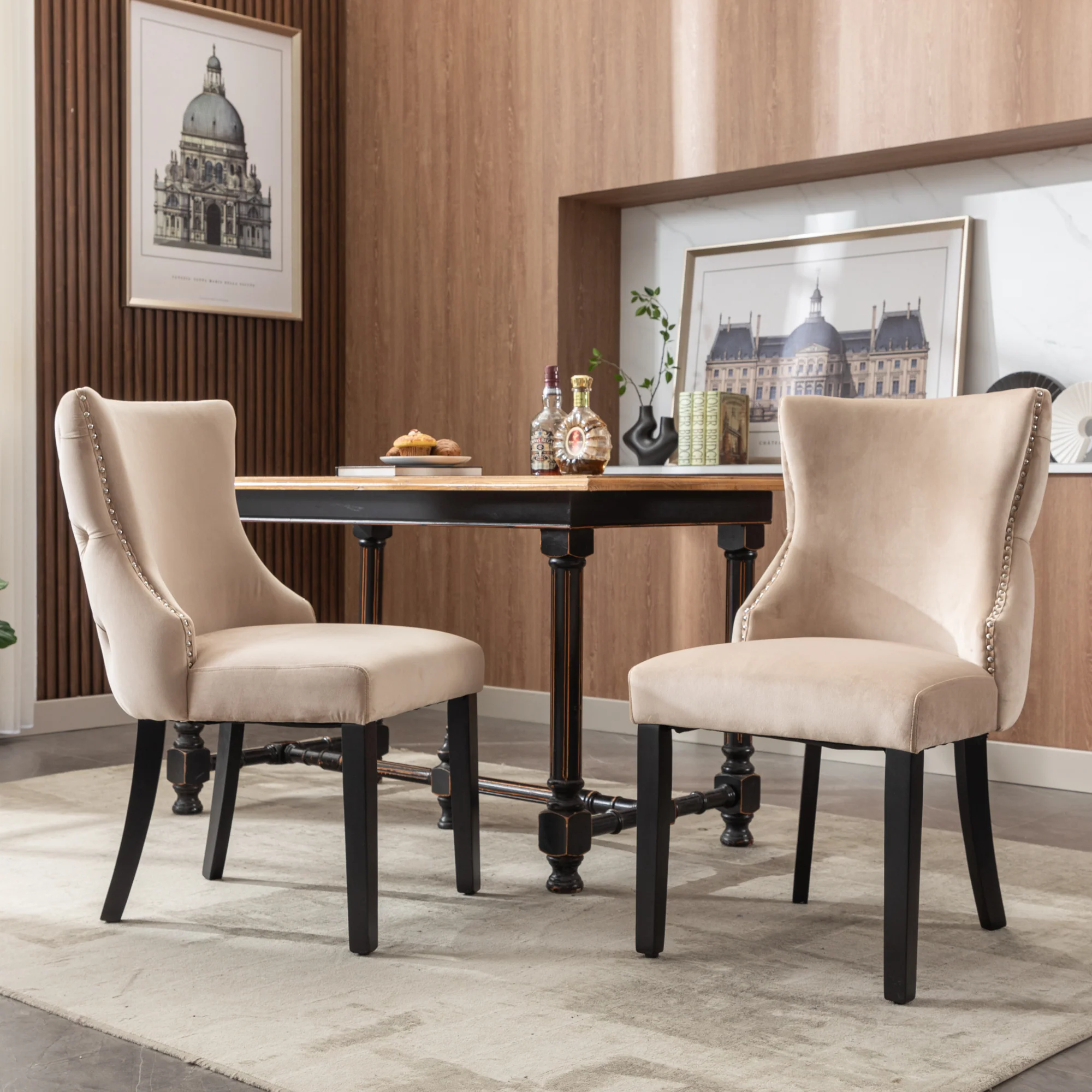 Dining Chair Set of 2 Button Tufting Solid Wood Frame Beige Velvet - Image 3