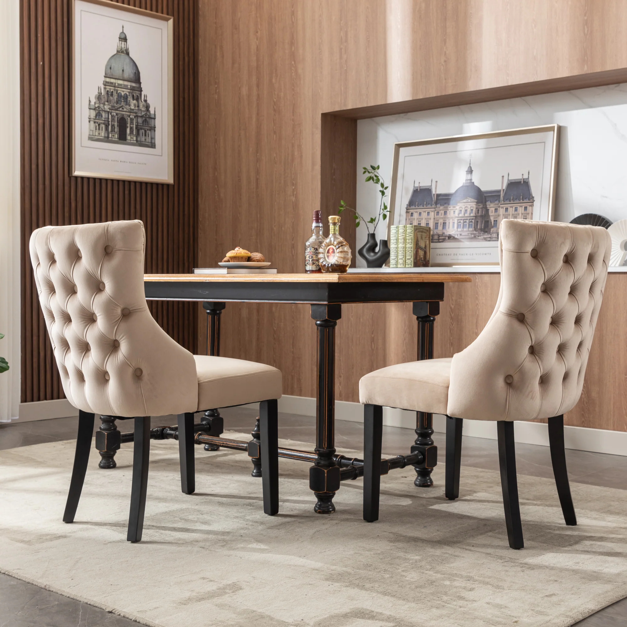 Dining Chair Set of 2 Button Tufting Solid Wood Frame Beige Velvet - Image 4