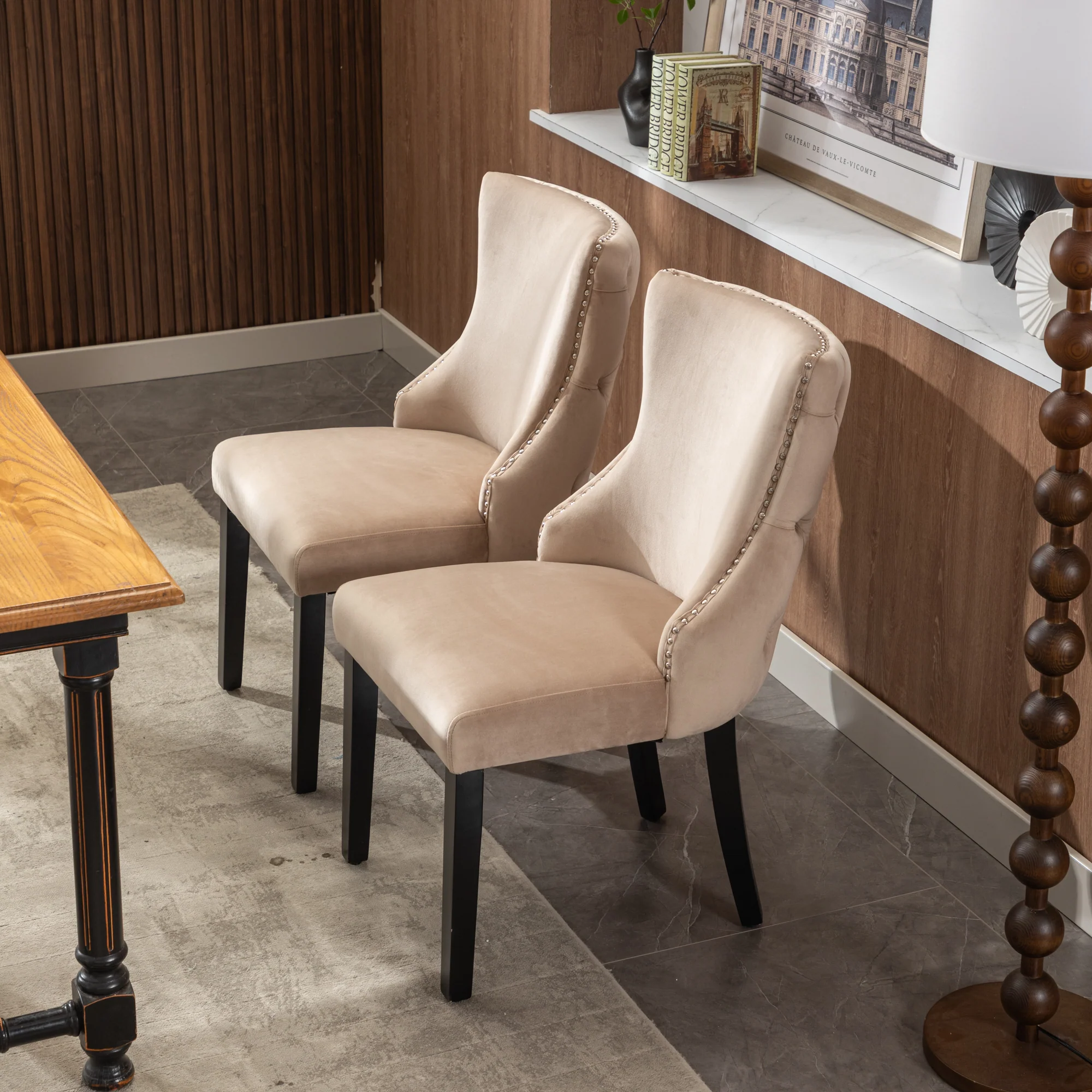 Dining Chair Set of 2 Button Tufting Solid Wood Frame Beige Velvet - Image 5