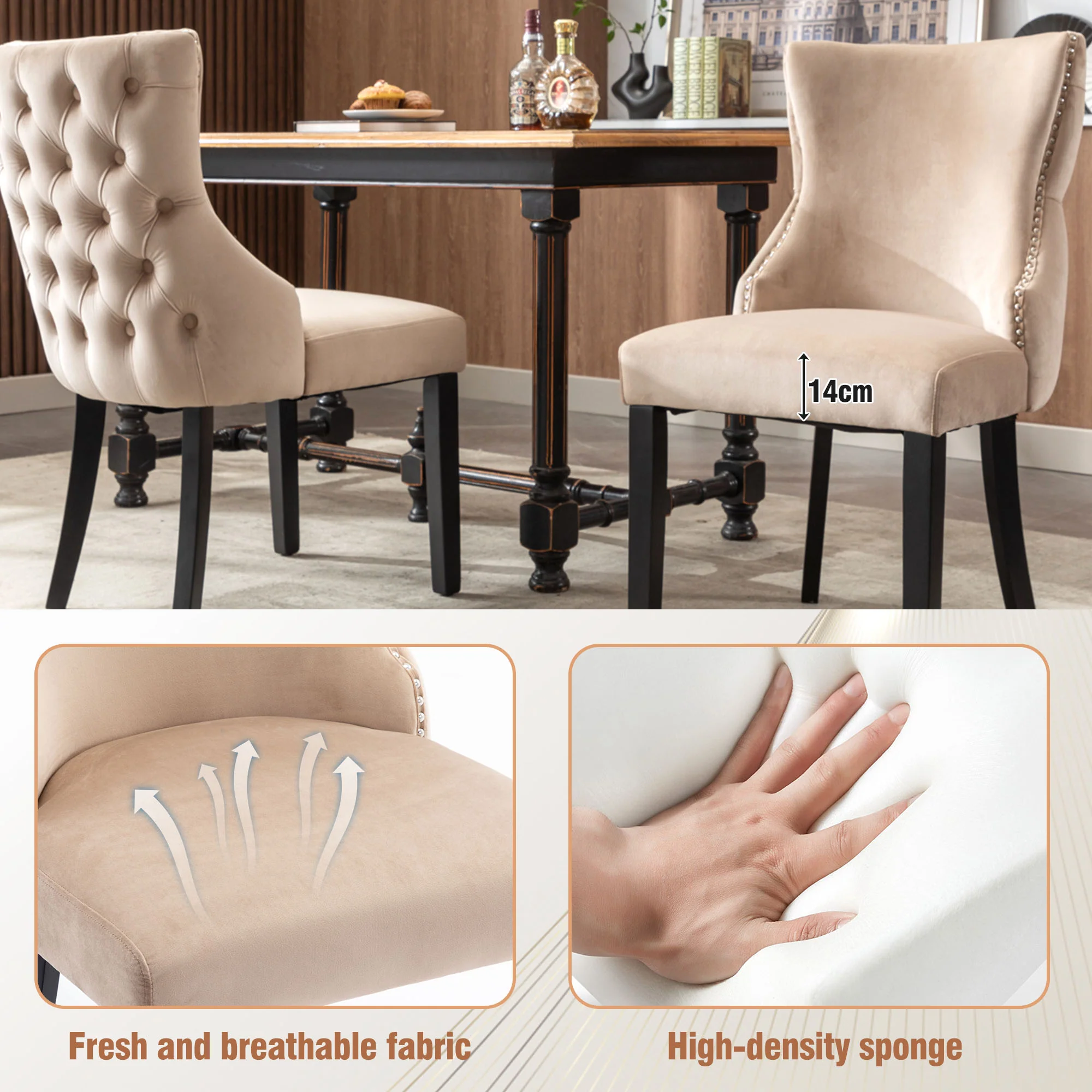 Dining Chair Set of 2 Button Tufting Solid Wood Frame Beige Velvet - Image 7