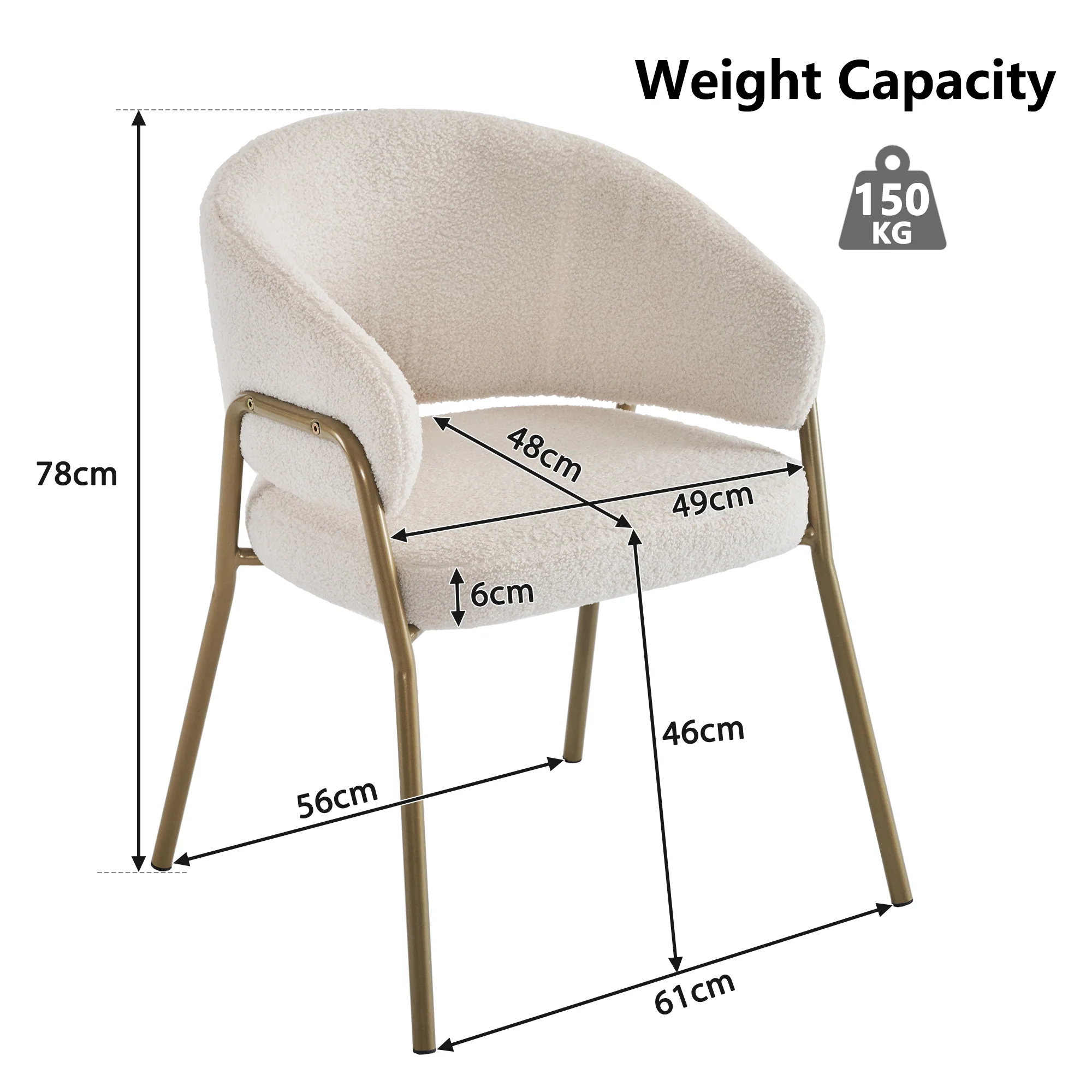Dining Chair (Set of 2), Modern Lambskin Velvet with Golden Legs, White/Gold - Image 10