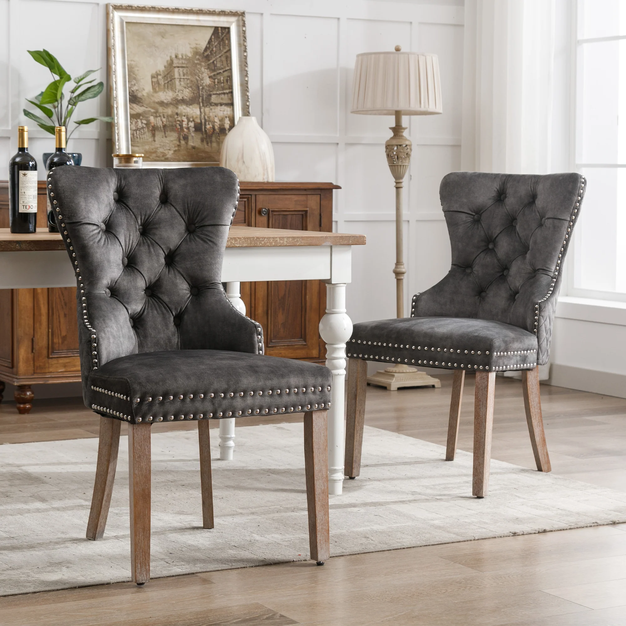 Dining Chair Set of 2 Upholstered Door Knocker Back Nailhead Trim Velvet, Grey