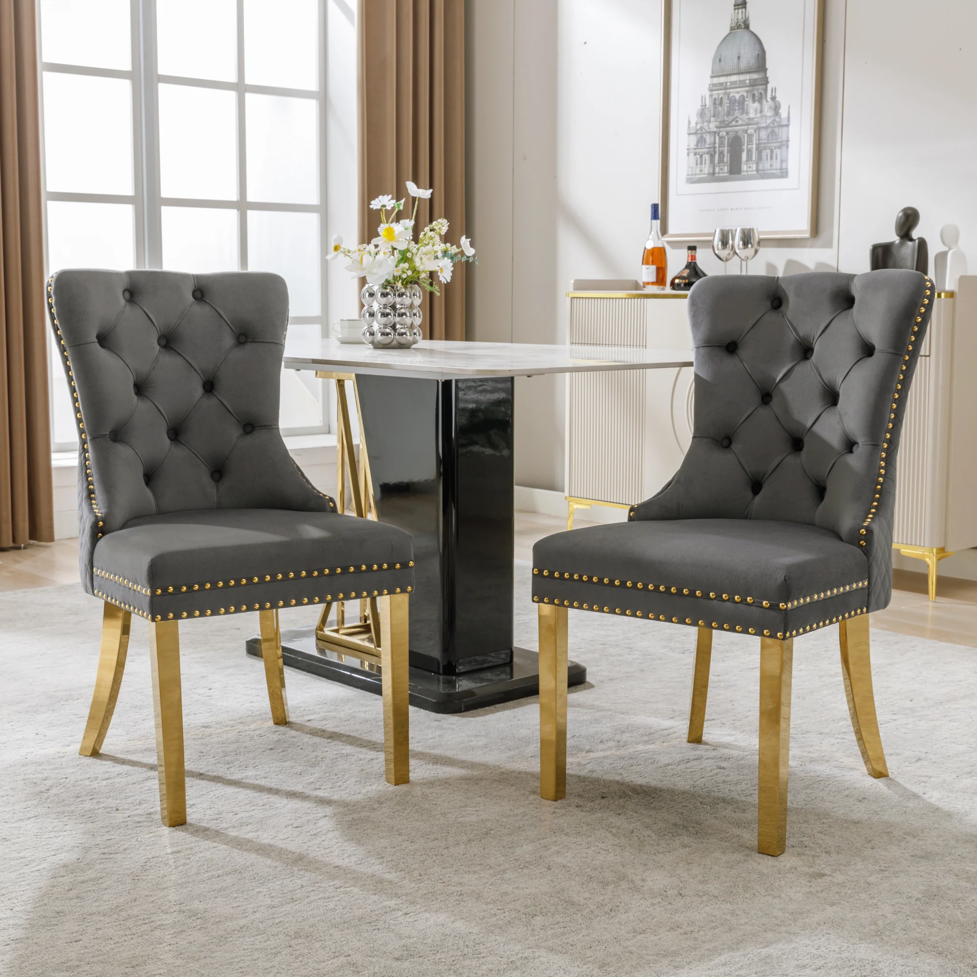 Dining Chair Set of 2 Upholstered Round Pull Ring Back Nailhead Trim Gold-Plated Stainless Steel Grey Velvet/Gold