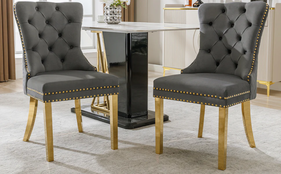 Dining Chair Set of 2 Upholstered Round Pull Ring Back Nailhead Trim Gold-Plated Stainless Steel Grey Velvet/Gold - Image 10