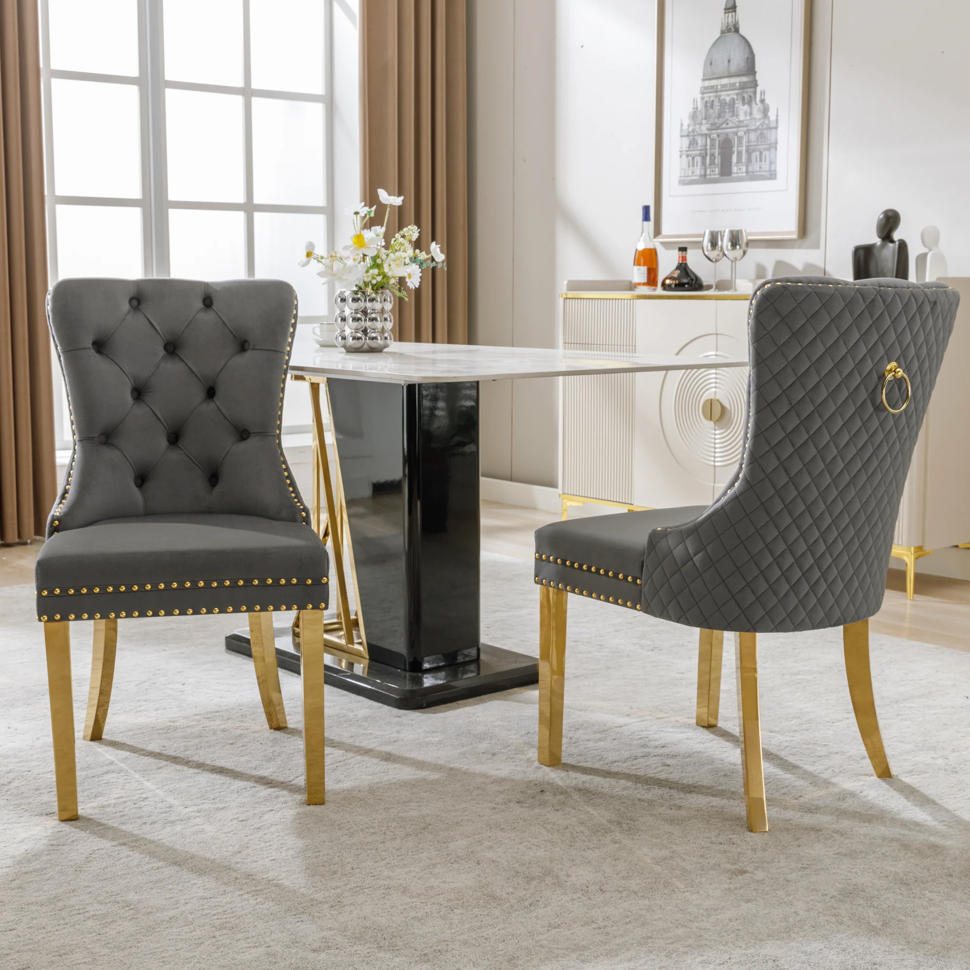 Dining Chair Set of 2 Upholstered Round Pull Ring Back Nailhead Trim Gold-Plated Stainless Steel Grey Velvet/Gold - Image 2