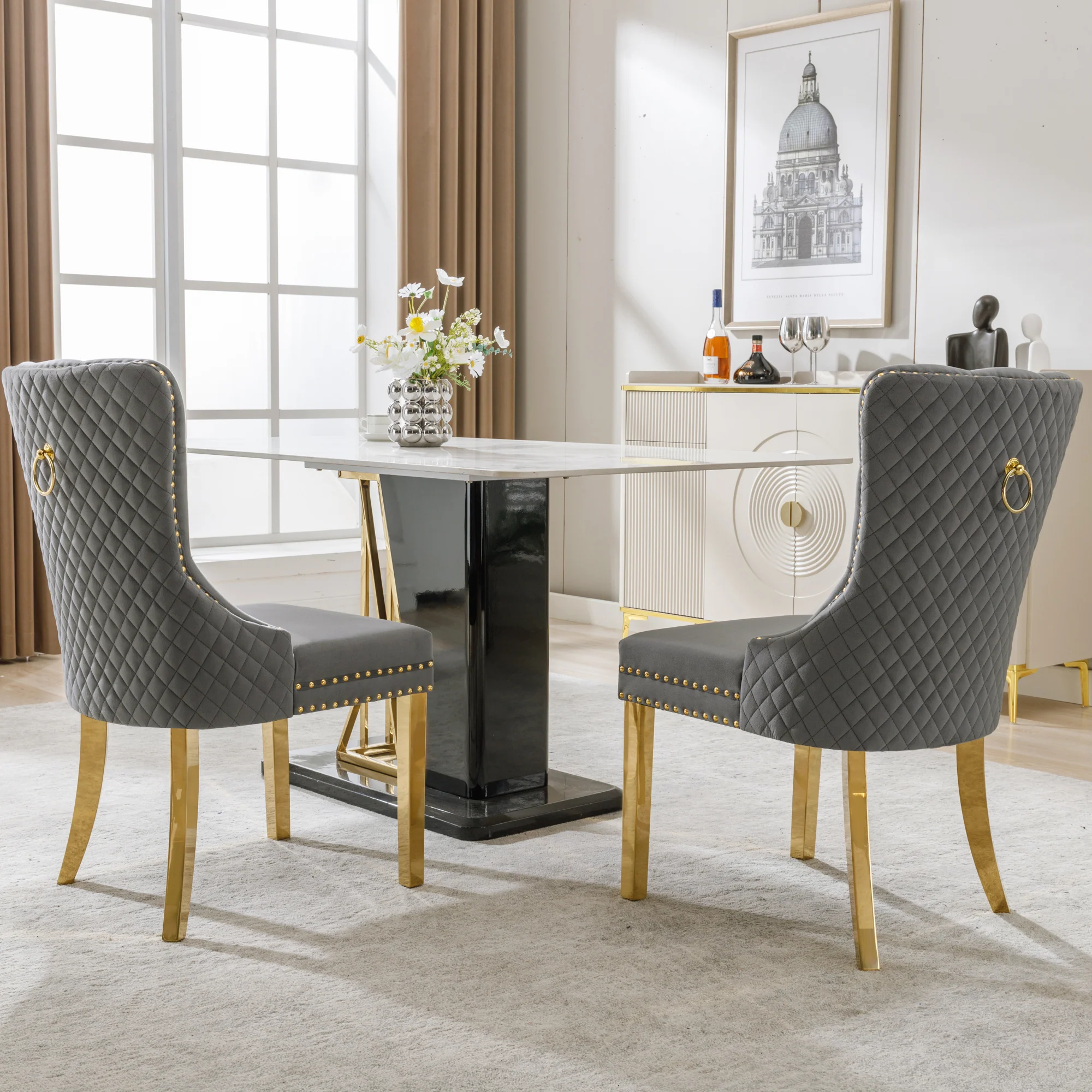 Dining Chair Set of 2 Upholstered Round Pull Ring Back Nailhead Trim Gold-Plated Stainless Steel Grey Velvet/Gold - Image 3