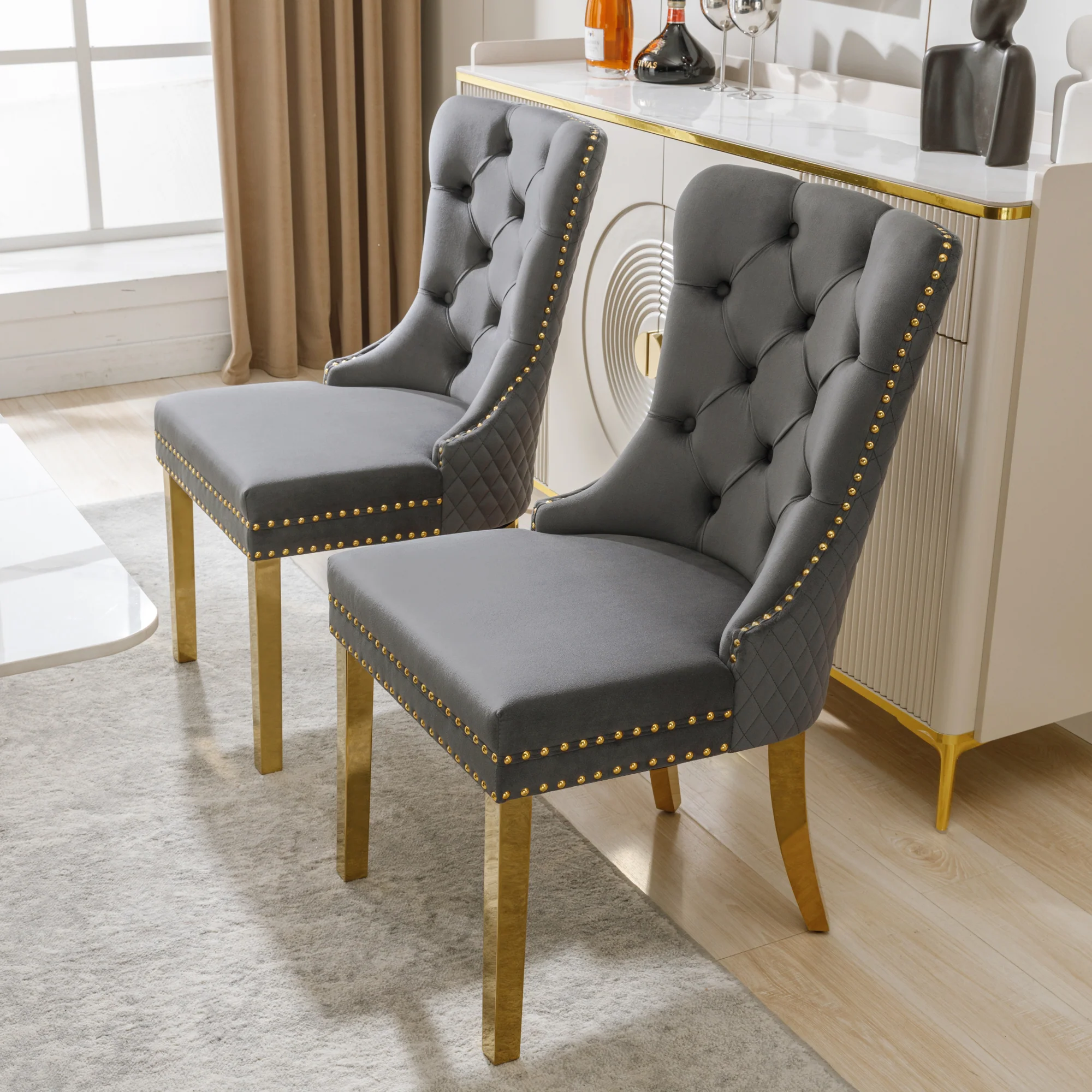 Dining Chair Set of 2 Upholstered Round Pull Ring Back Nailhead Trim Gold-Plated Stainless Steel Grey Velvet/Gold - Image 4