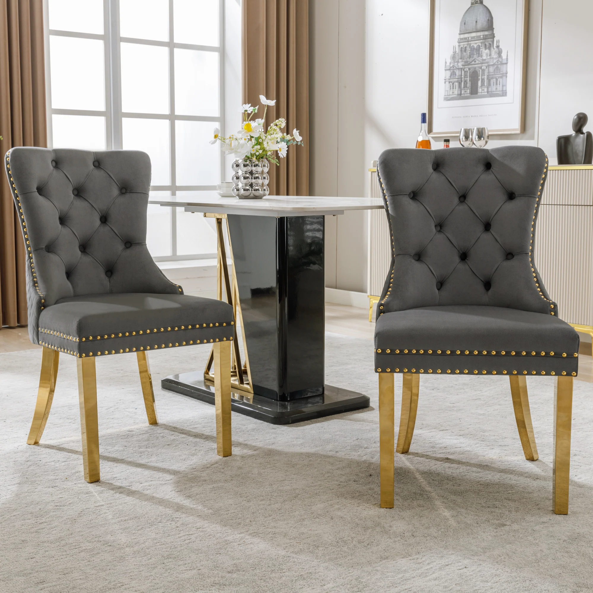 Dining Chair Set of 2 Upholstered Round Pull Ring Back Nailhead Trim Gold-Plated Stainless Steel Grey Velvet/Gold - Image 5
