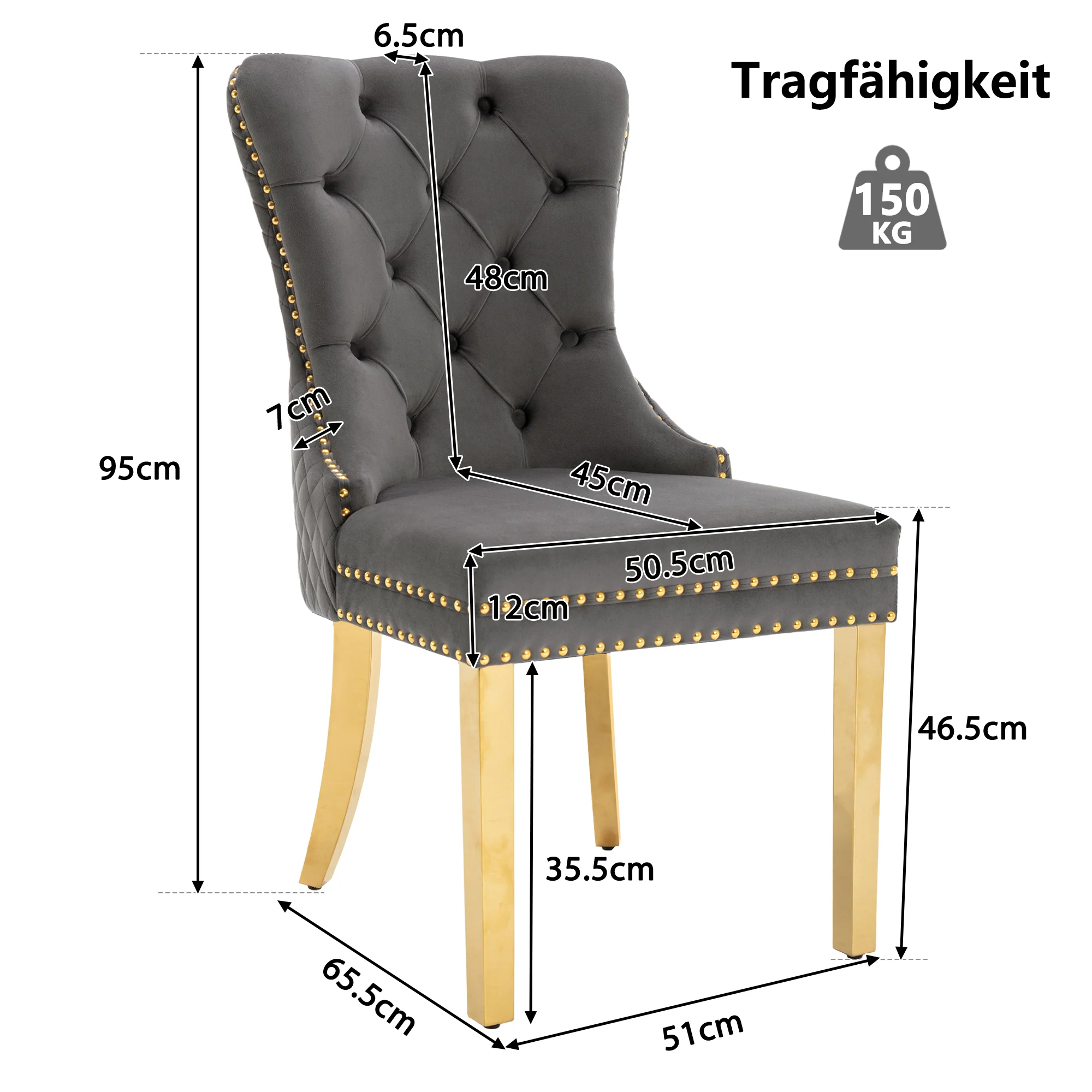 Dining Chair Set of 2 Upholstered Round Pull Ring Back Nailhead Trim Gold-Plated Stainless Steel Grey Velvet/Gold - Image 7