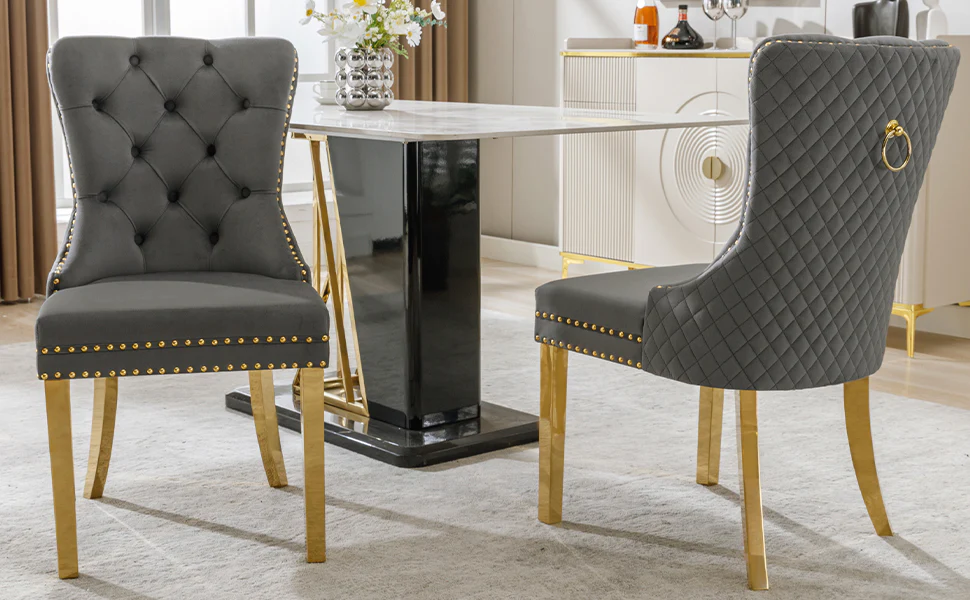 Dining Chair Set of 2 Upholstered Round Pull Ring Back Nailhead Trim Gold-Plated Stainless Steel Grey Velvet/Gold - Image 8