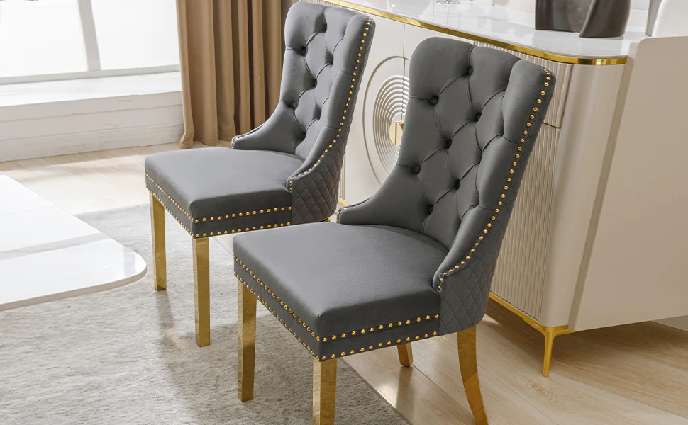 Dining Chair Set of 2 Upholstered Round Pull Ring Back Nailhead Trim Gold-Plated Stainless Steel Grey Velvet/Gold - Image 9