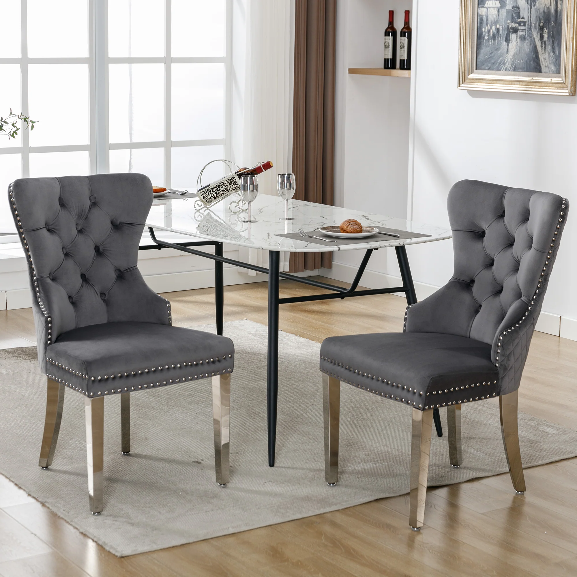 Dining Chair Set of 2 Upholstered Velvet Door Knocker Grey - Image 3