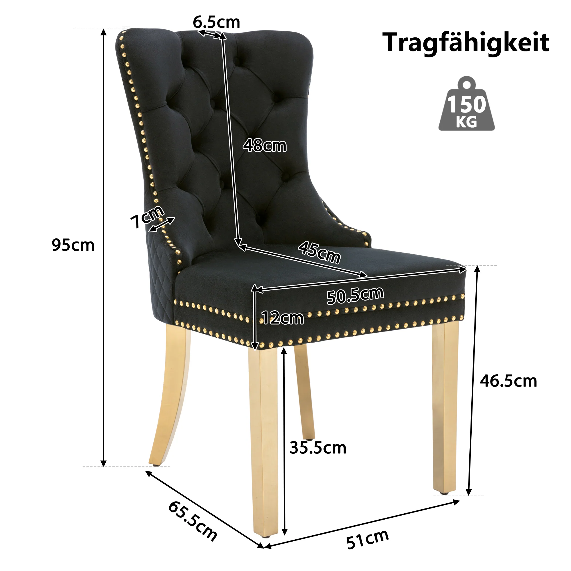 Dining Chair Set of 2 Upholstered Velvet Round Pull Ring Back Nailhead Trim Black/Gold - Image 10
