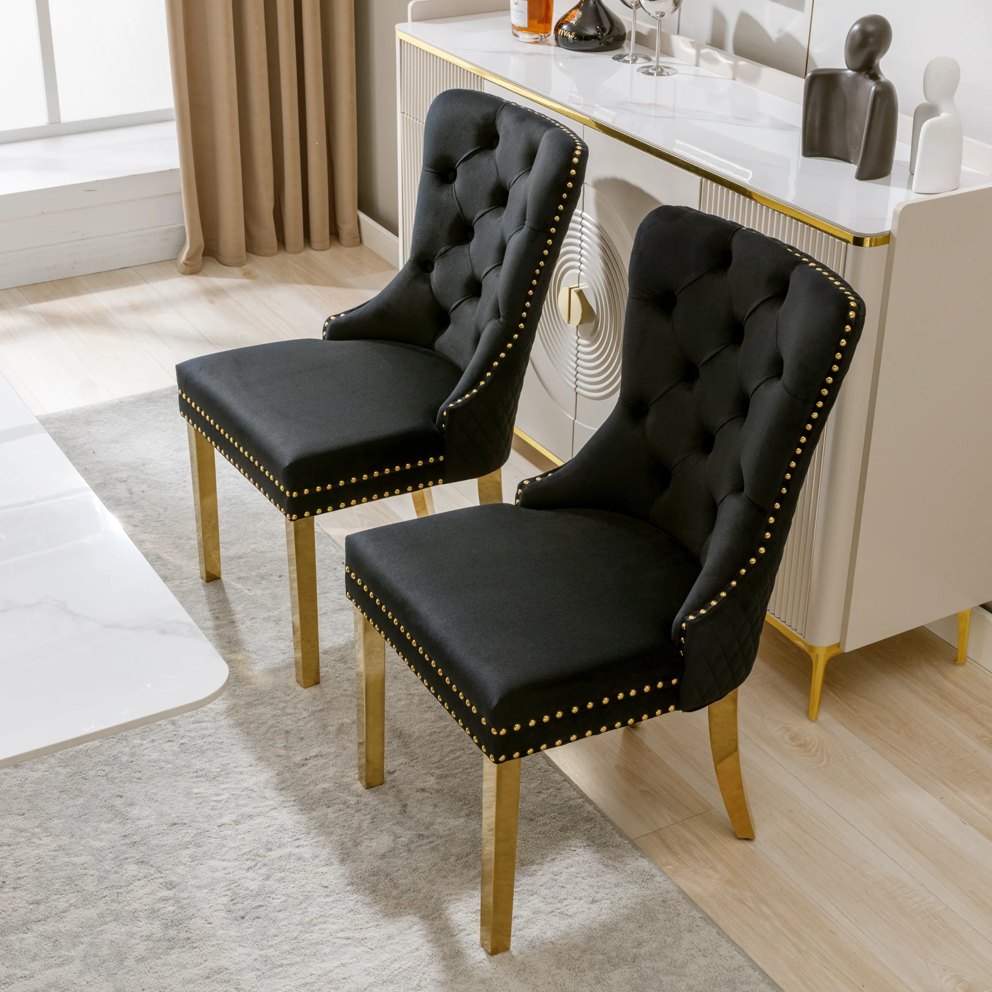 Dining Chair Set of 2 Upholstered Velvet Round Pull Ring Back Nailhead Trim Black/Gold - Image 2