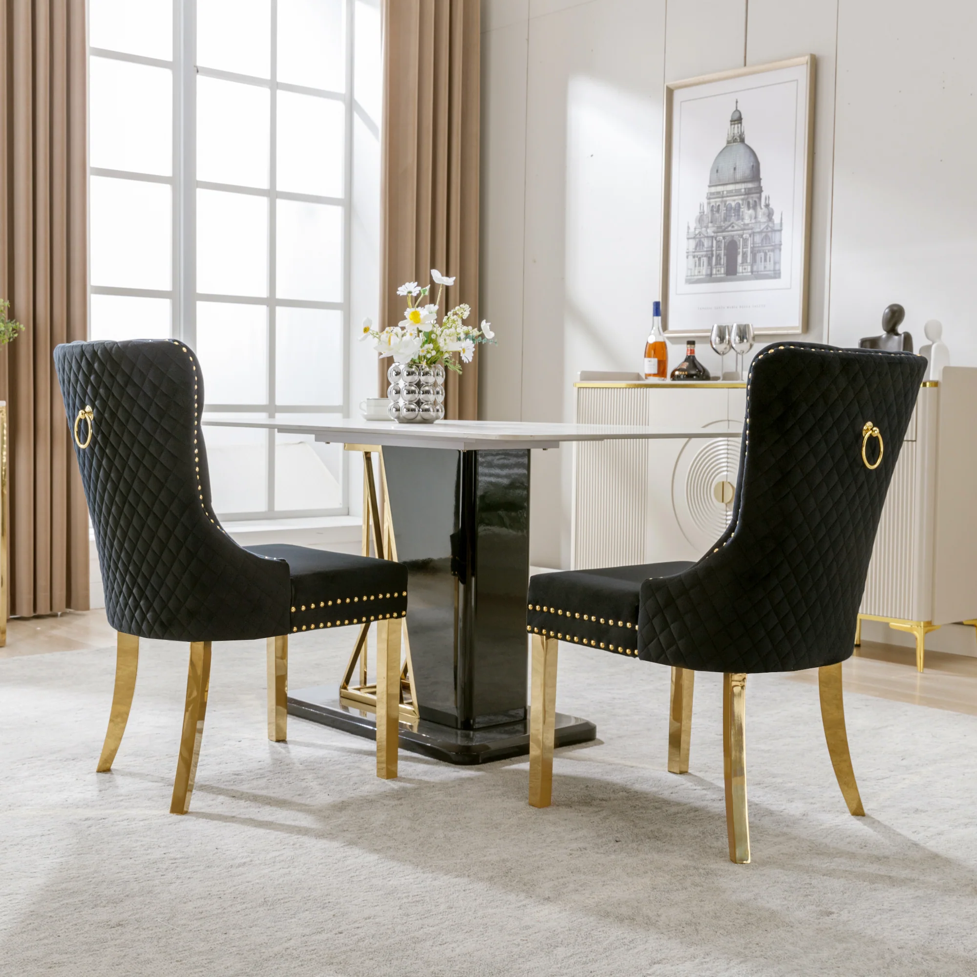 Dining Chair Set of 2 Upholstered Velvet Round Pull Ring Back Nailhead Trim Black/Gold - Image 3